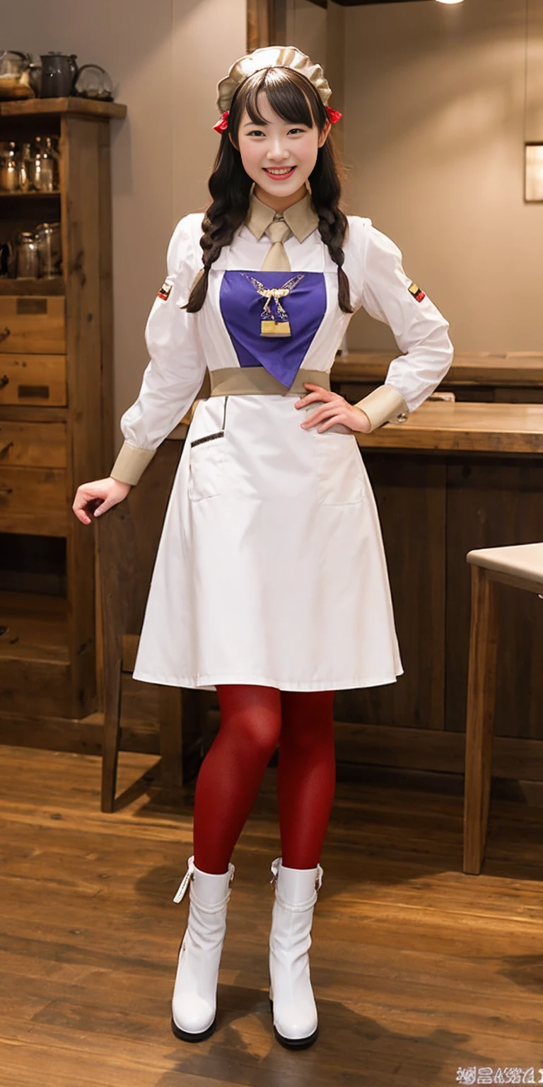 full body standing straight symmetrical, lustful smirking smile face red blush red cheeks, looking at viewer, holding tray, braid, maid headdress, maid, dress, apron, long sleeves, brown pantyhose, long leather militar boots, thighs, long white hair, masterpice
