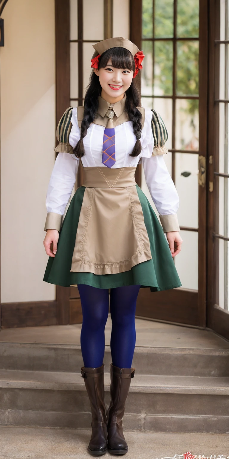 full body standing straight symmetrical, lustful smirking smile face red blush red cheeks, looking at viewer, holding tray, braid, maid headdress, maid, dress, apron, long sleeves, brown pantyhose, long leather militar boots, thighs, long white hair, masterpice