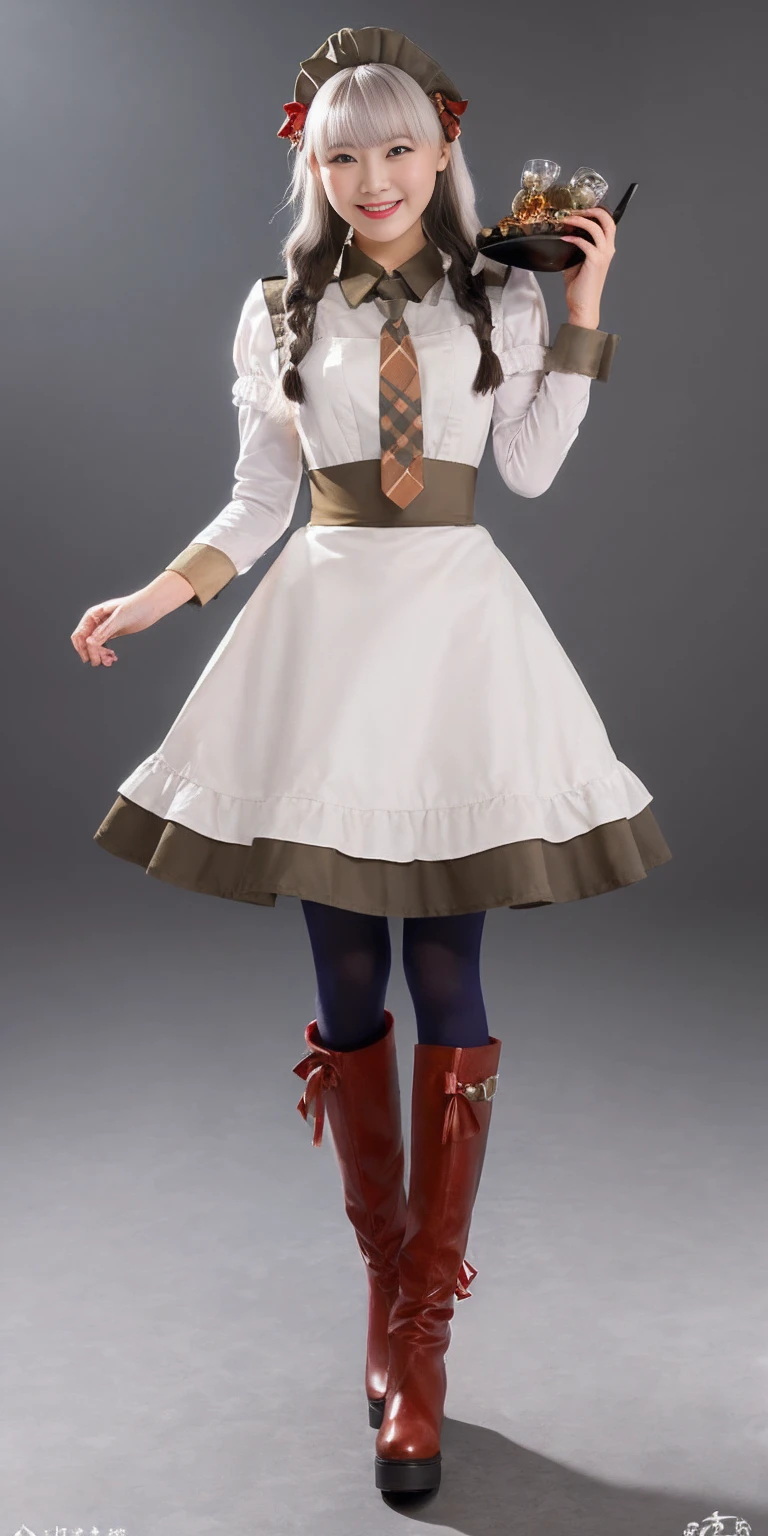 full body standing straight symmetrical, lustful smirking smile face red blush red cheeks, looking at viewer, holding tray, braid, maid headdress, maid, dress, apron, long sleeves, brown pantyhose, long leather militar boots, thighs, long white hair, masterpice