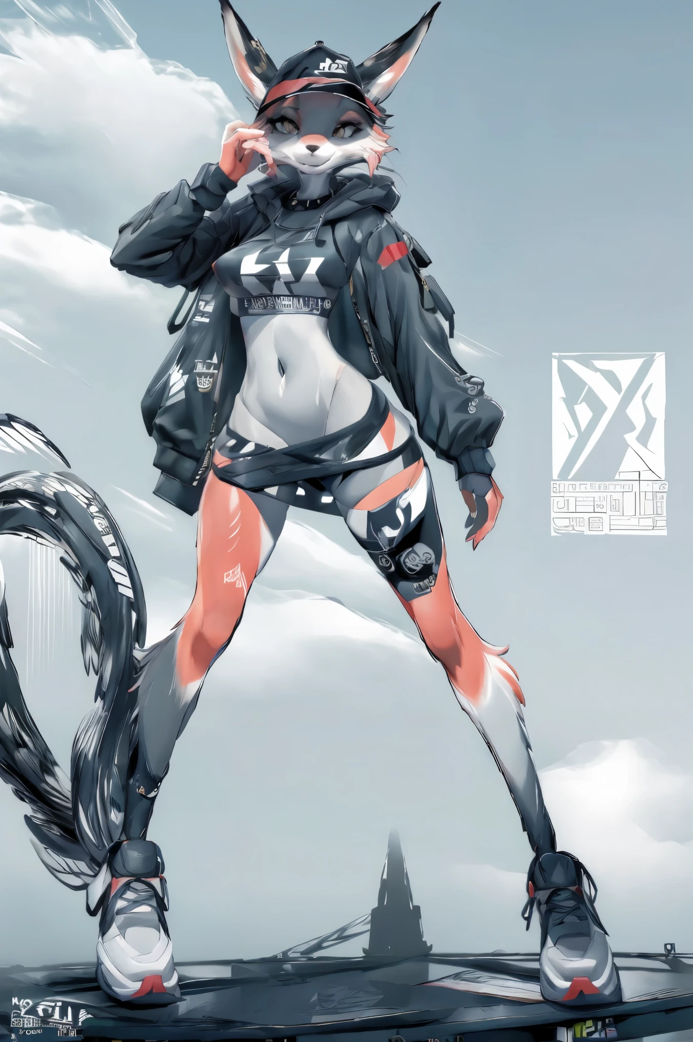(hi res), ((Masterpiece)) , ((Best Quality)), character design, woman's, Fox, average breasts, full body, furry, modest, streetwear outfit,