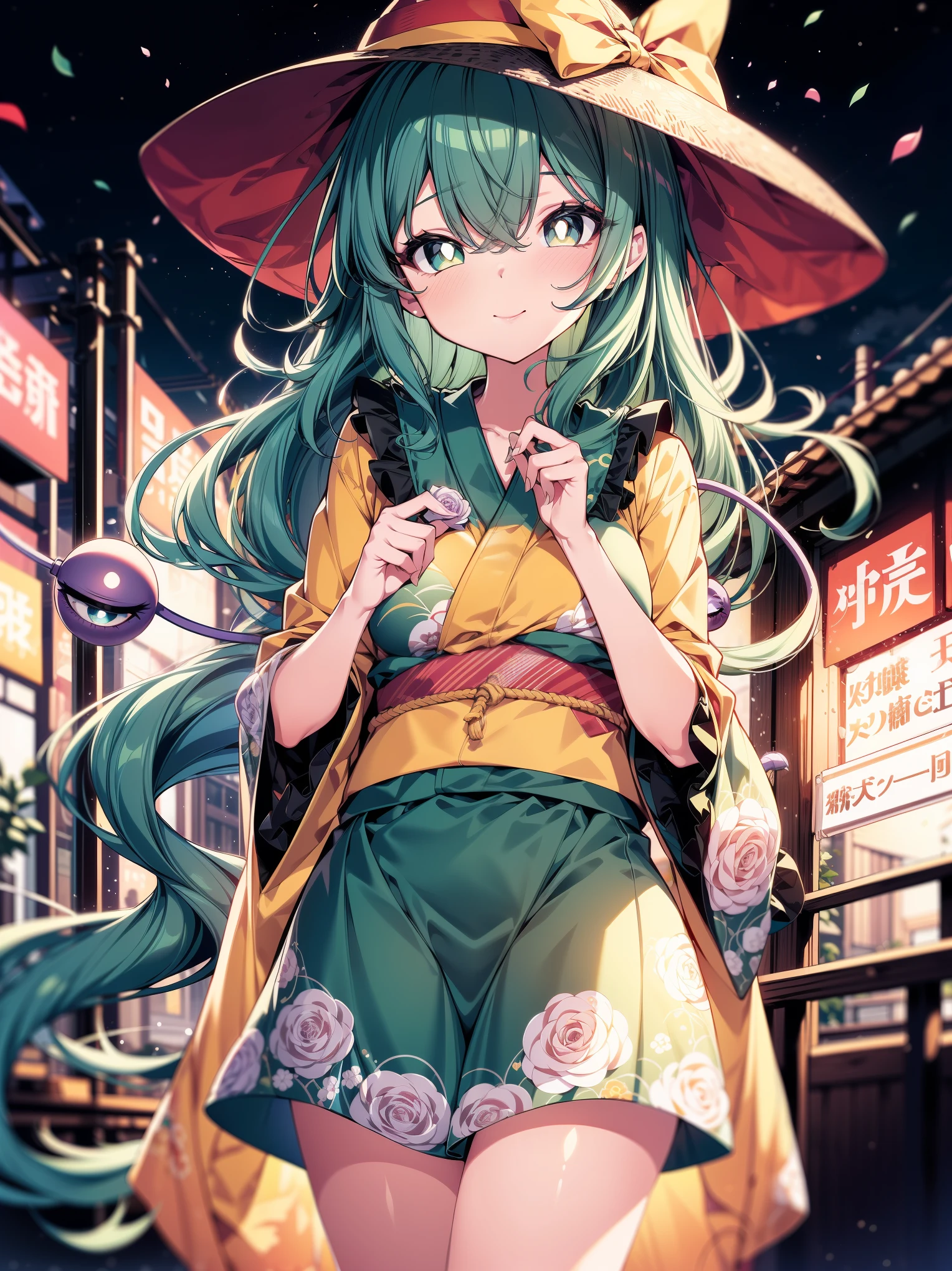 (cowboy shot), (masterpiece), (colorful), (ultra-high resolution, depth of field:1.2), looking at viewer, (komeiji koishi:1.25), (1woman), adult, Touhou project, medium breasts, (dark green eyes), white pupils, glowing eyes, green hair, wavy hair, (long hair), yellow ribbon, ponytail, (wearing a yellow yukata1.2). faint roses pattern, A closed blue-purplish "third eye" is positioned over her heart, with cords wrapped around her torso and attached to each of her ankles, Japanese market scenery, night, sakura trees in the background, gentle smile