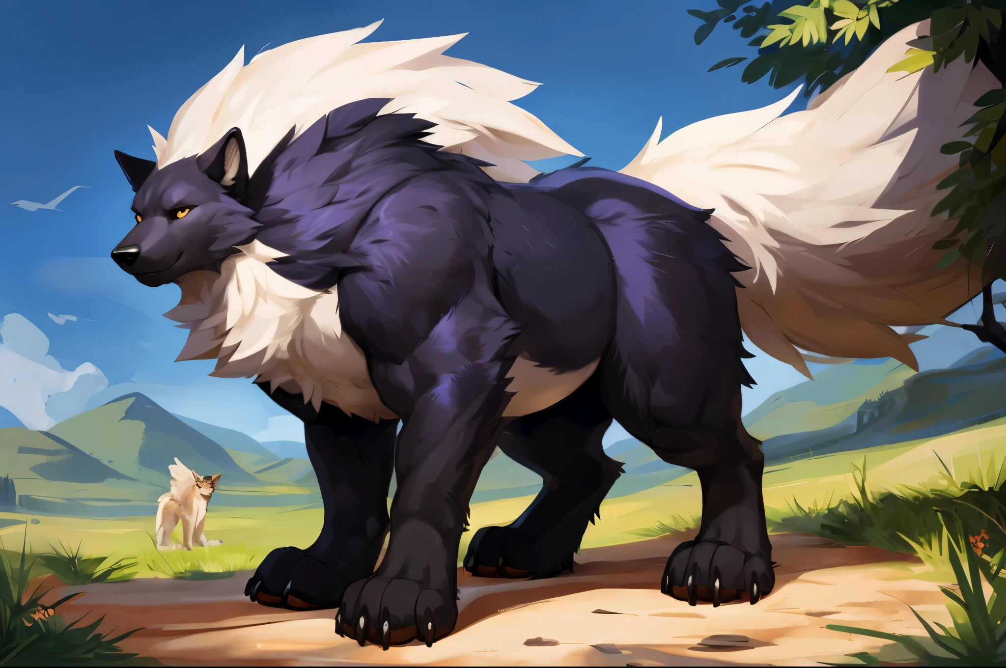 4k ultra quality, 4k full body view,(ultra high detailed body),strong wolf, detailed body,by mystikfox61, by glitter trap boy,feral paws, by bebebebebe,by morethreedee, by seibear,(thick thigh),(chubby thigh),thicc thigh,thick legs,chubby legs,thicc legs,massive butt,enomorous thigh,massive thigh,massive legs,thick lower legs,wide legs,(detailed thigh),(wide thigh),fluffy belly sharp nails,((sfw)),(ultra detailed face),detailed eyes,big tail,fluffy tail,(detailed tail),enomorous tail,bigger tail,huge tail,volumetric light,muscle legs,big paws,(thick paws),fluffy paws,furry paws,enomorous paws,(animal focus), beast,standing,(bigger lower body),strong lower body,(long legs),front view,master works, super fine, 4k resolution, high quality,high picture detail,dark fantasy,illusory engine, Masterpiece,dire wolf,feral belly,muscular feral,faint lighting,macro,giga,shiny fur,in the field