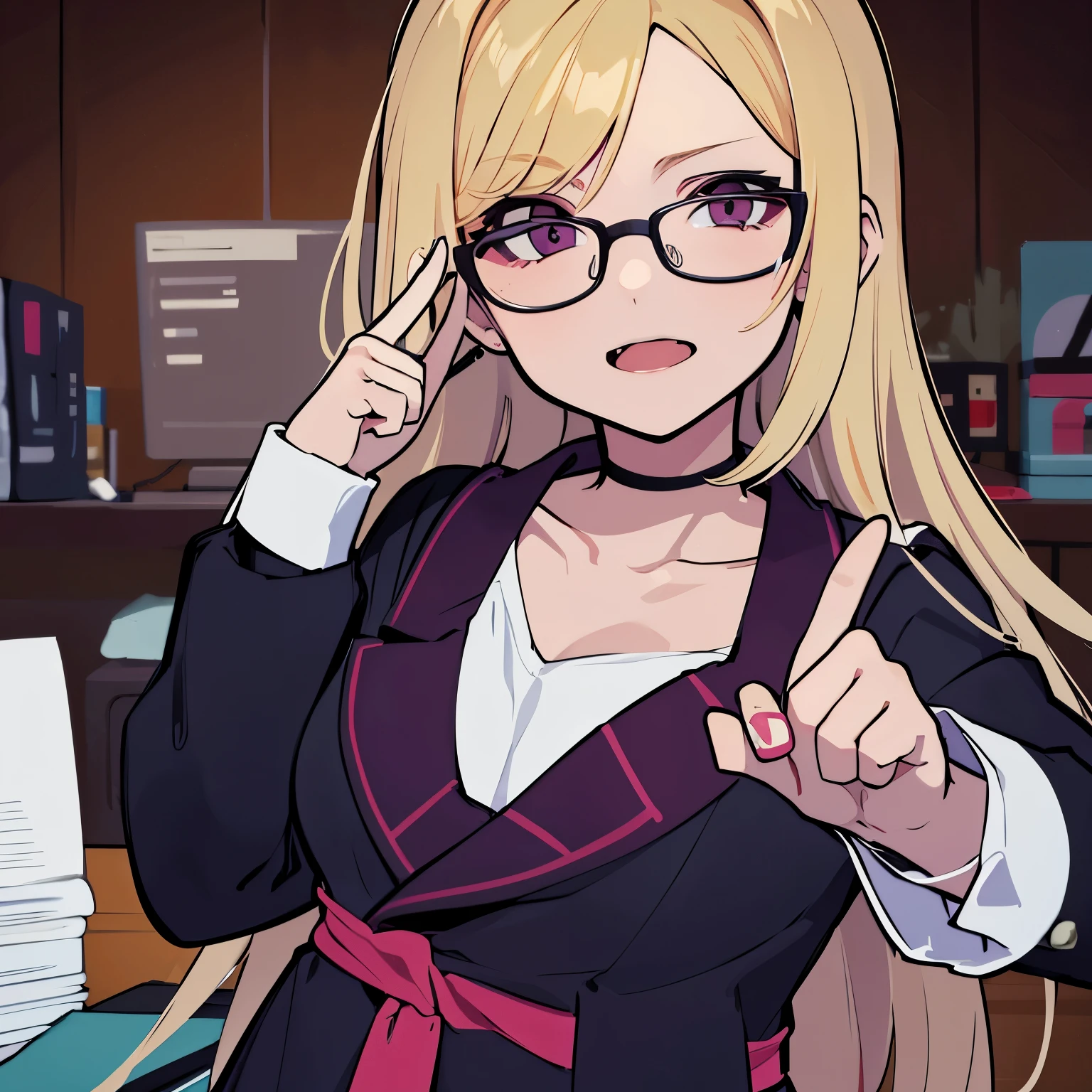 Blonde hair, green eyes, glasses, pink bow, bimbo、