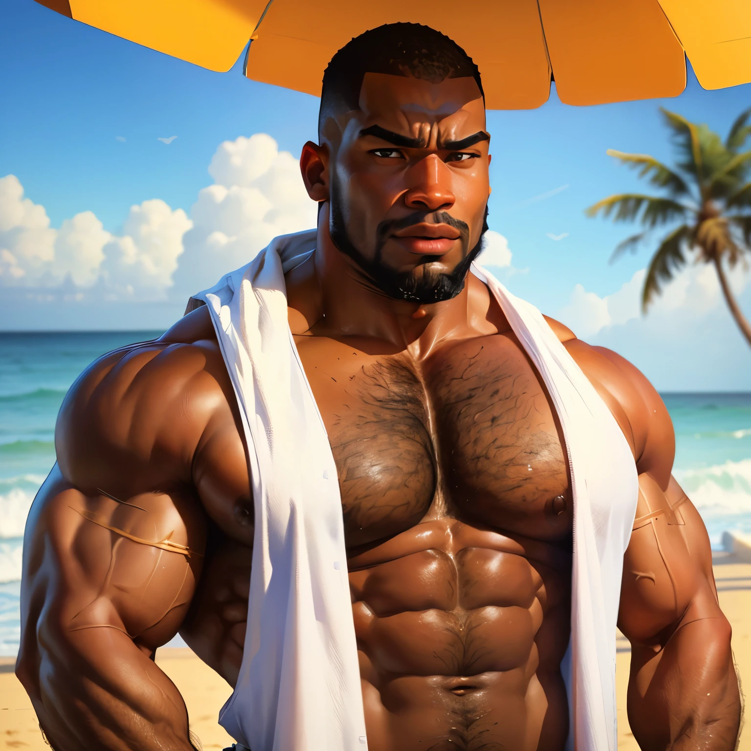 an exaggeratedly muscular and large bodyguard, beefy build, beard, dark-skinned african american male, surprised expression, buzzcut hair with square line, (wearing small beach towel 1.2), (bara pecs: 1.3), (arm and chest hair: 1.1), close-up portrait HD, (sunny beach resort)
