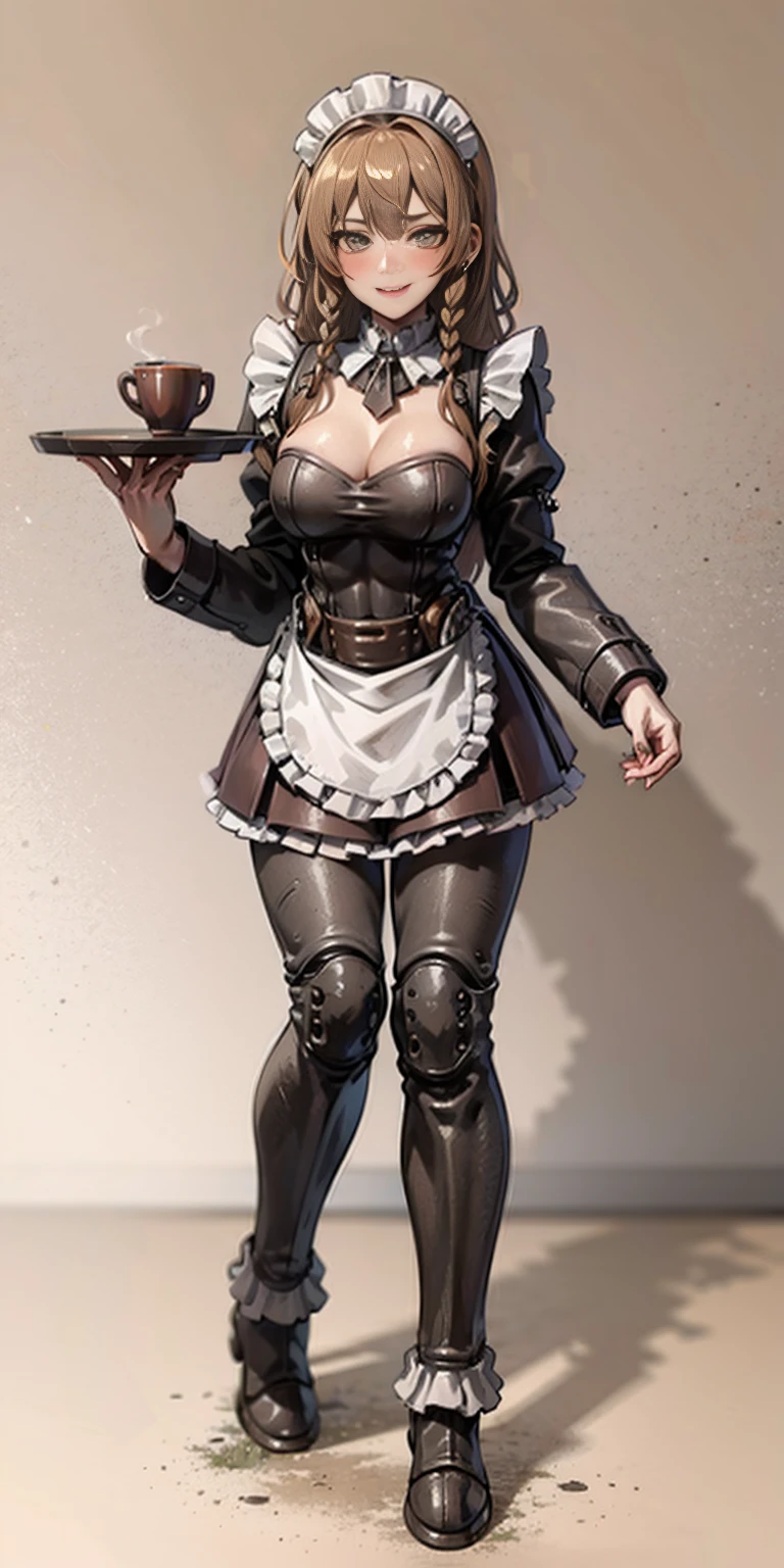 full body standing straight symmetrical, lustful smirking smile face red blush red cheeks, looking at viewer, holding tray, braid, maid headdress, maid, dress, apron, long sleeves, brown pantyhose, long leather militar boots, thighs, long white hair, masterpice