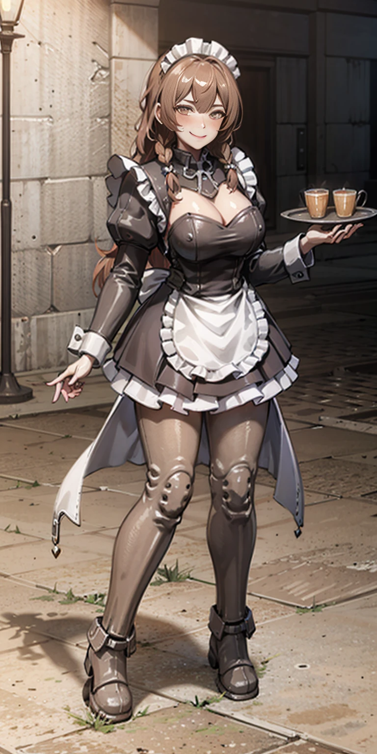 full body standing straight symmetrical, lustful smirking smile face red blush red cheeks, looking at viewer, holding tray, braid, maid headdress, maid, dress, apron, long sleeves, brown pantyhose, long leather militar boots, thighs, long white hair, masterpice