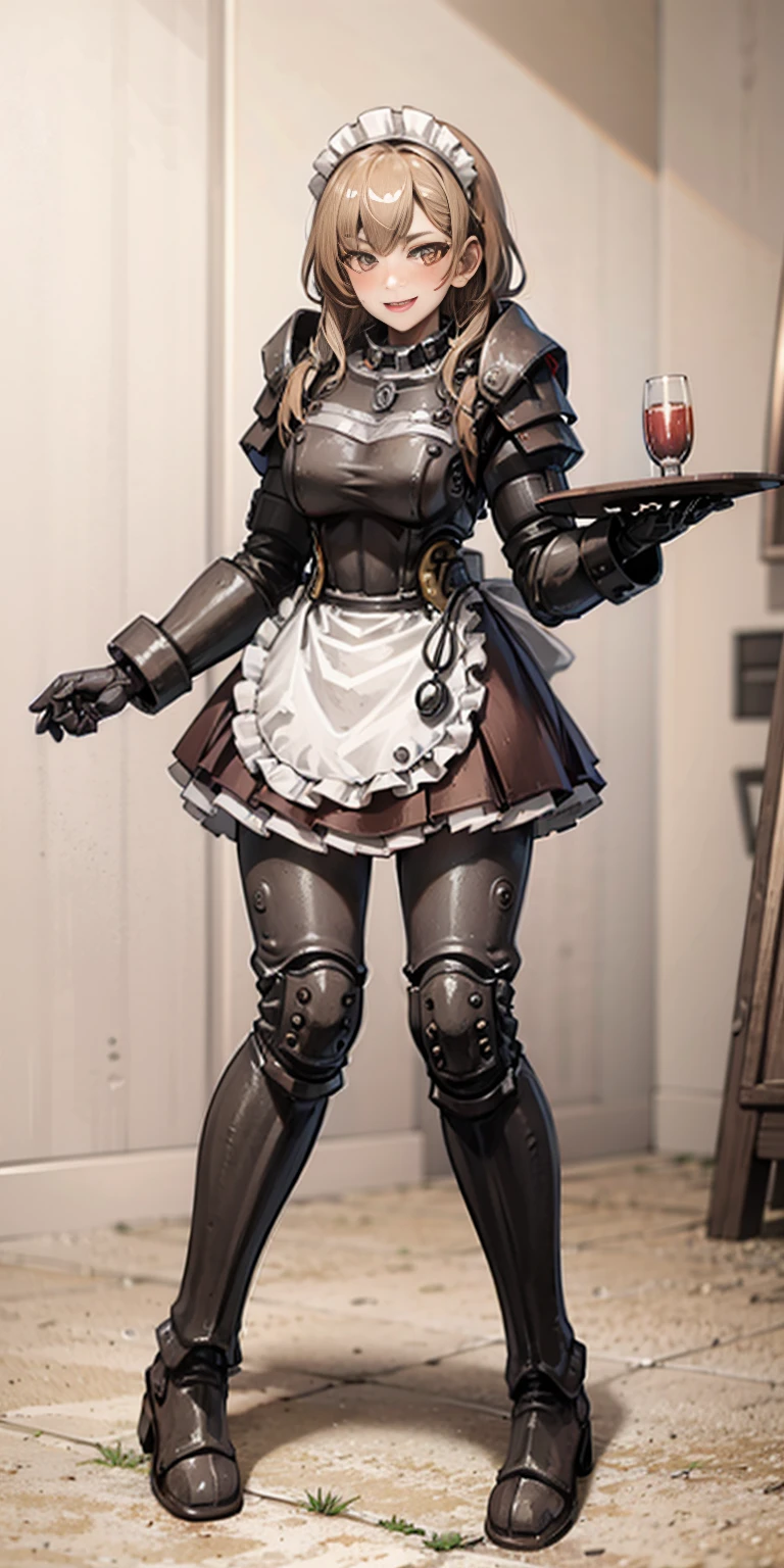 full body standing straight symmetrical, lustful smirking smile face red blush red cheeks, looking at viewer, holding tray, braid, maid headdress, maid, dress, apron, long sleeves, brown pantyhose, long leather militar boots, thighs, long white hair, masterpice