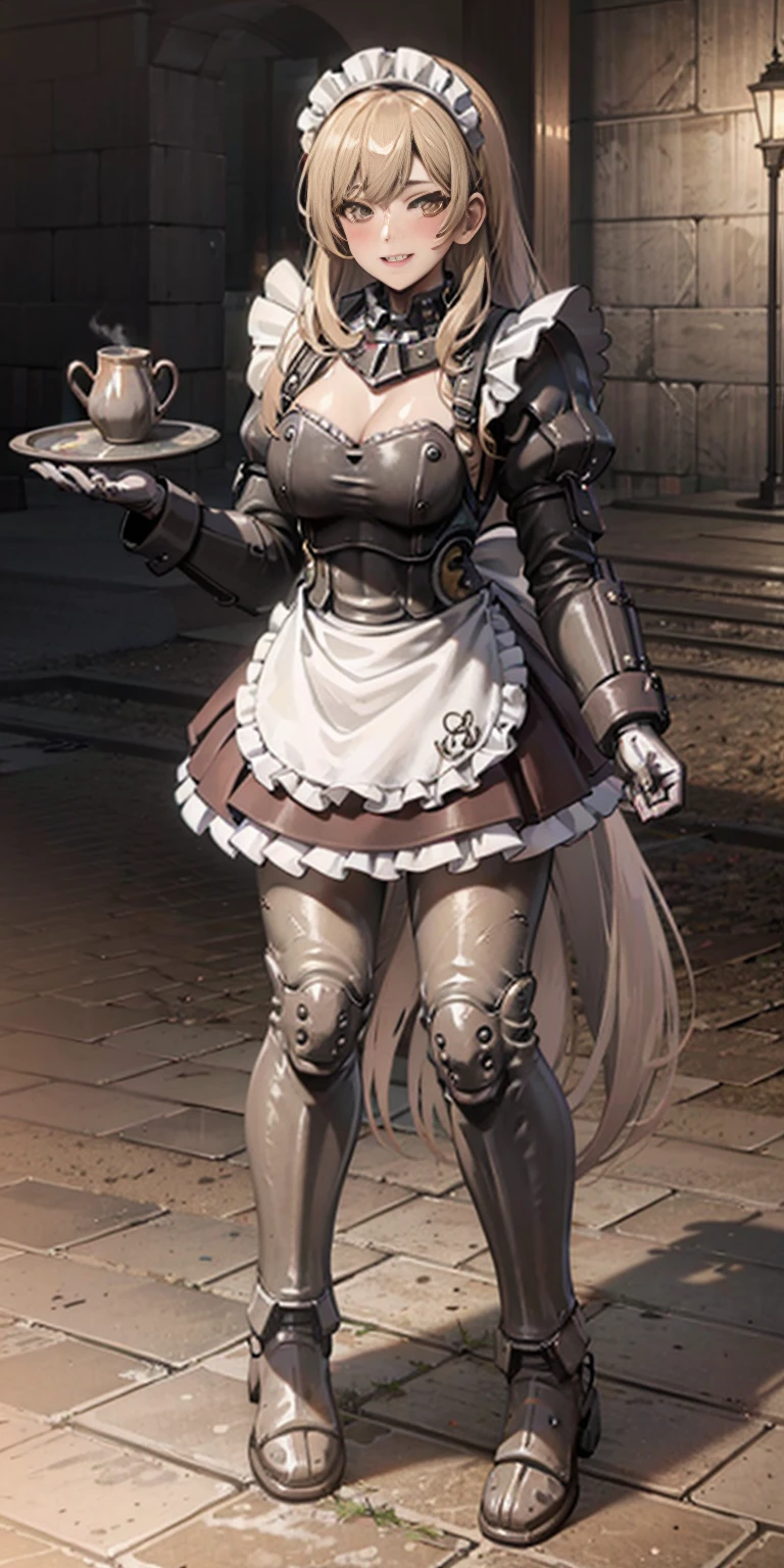 full body standing straight symmetrical, lustful smirking smile face red blush red cheeks, looking at viewer, holding tray, braid, maid headdress, maid, dress, apron, long sleeves, brown pantyhose, long leather militar boots, thighs, long white hair, masterpice