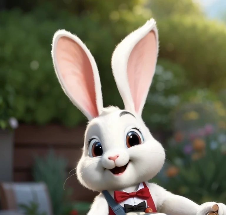 Arav wearing red bow tie and suspenders holding carrot, 可爱的Anthropomorphic Rabbit, Anthropomorphic Rabbit, Judy Hopps, mob_Features, the white rabbit, white rabbit, a portrait of Judy Hopps, Judy Hopps from zootopia, Cartoon, bugs bunny, portrait of a bugs bunny, Roger Rabbit
