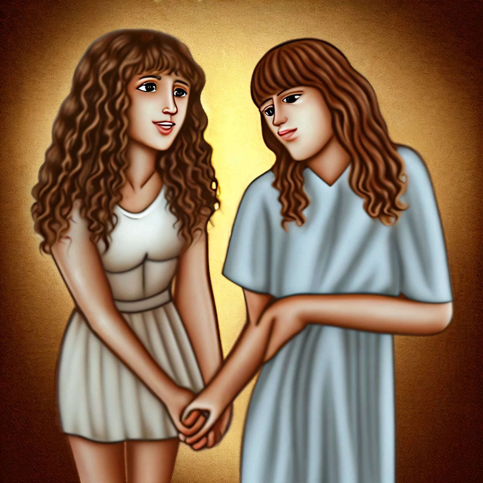 Jesus Christ holding hands with a white girl with curly hair and bangs and brown eyes