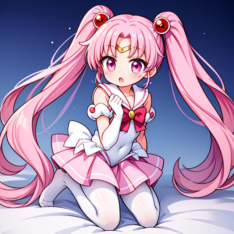 sailor moon,Cute little loli,Pink hair twintails,White long gloves,red skirt,no shoes,white pantyhose,Kneel down,Open your mouth,Comparison
