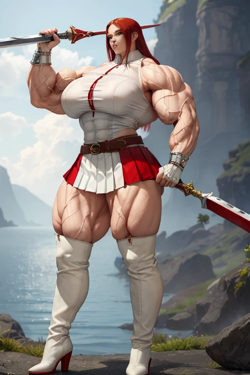 ((((Massive, tall, beautiful, buff, muscular pale white skinned asian woman with red hair, ginormous bulky muscles, holding a giant Zweihander and wearing a white half buttoned down blouse with pleated skirt)))), close view, vascular, massive muscle, massive biceps, hyper muscle shoulders, hyper muscle triceps, (long hair), yellow eyes, (white high heel boots), smirk, white gauntlets, chained belt, (on a island in heaven), Vascular arms, hyper vascular arm, hyper muscles arms, hyper muscle legs, massive arms.
