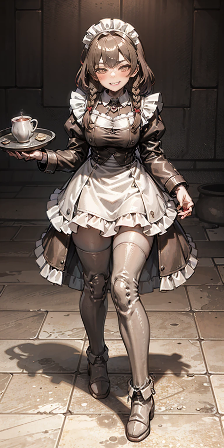 full body standing straight symmetrical, lustful smirking smile face red blush red cheeks, looking at viewer, holding tray, braid, maid headdress, maid, dress, apron, long sleeves, brown pantyhose, long leather militar boots, thighs, long white hair, masterpice