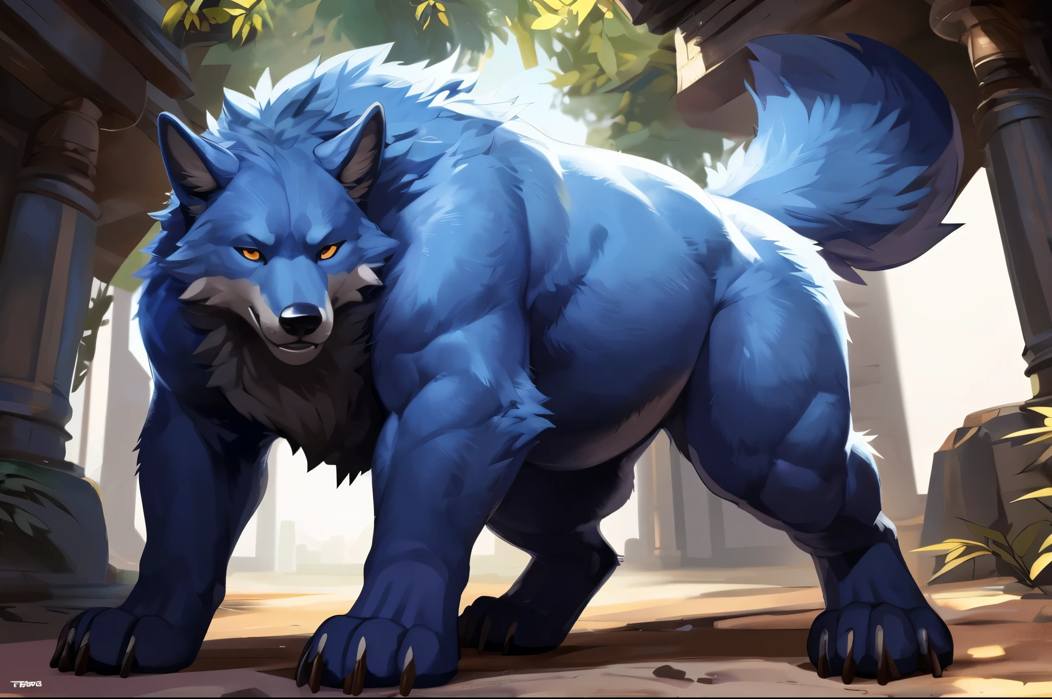 4k ultra quality, 4k full body view,(ultra high detailed body),strong wolf, detailed body,by mystikfox61, by glitter trap boy,feral paws, by bebebebebe,by morethreedee, by seibear,(thick thigh),(chubby thigh),thicc thigh,thick legs,chubby legs,thicc legs,massive butt,enomorous thigh,massive thigh,massive legs,thick lower legs,wide legs,(detailed thigh),(wide thigh),fluffy belly sharp nails,((sfw)),(ultra detailed face),detailed eyes,big tail,fluffy tail,(detailed tail),enomorous tail,bigger tail,huge tail,volumetric light,muscle legs,big paws,(thick paws),fluffy paws,furry paws,enomorous paws,(animal focus), beast,standing,(bigger lower body),strong lower body,(long legs),front view,master works, super fine, 4k resolution, high quality,high picture detail,dark fantasy,illusory engine, Masterpiece,dire wolf,feral belly,muscular feral,faint lighting,shiny fur