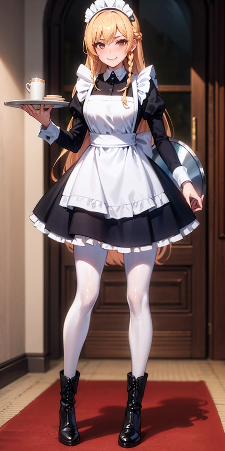 full body standing straight symmetrical, lustful smirking smile face red blush red cheeks, looking at viewer, holding tray, braid, maid headdress, maid, dress, apron, long sleeves, brown pantyhose, long leather militar boots, thighs, long white hair, masterpice