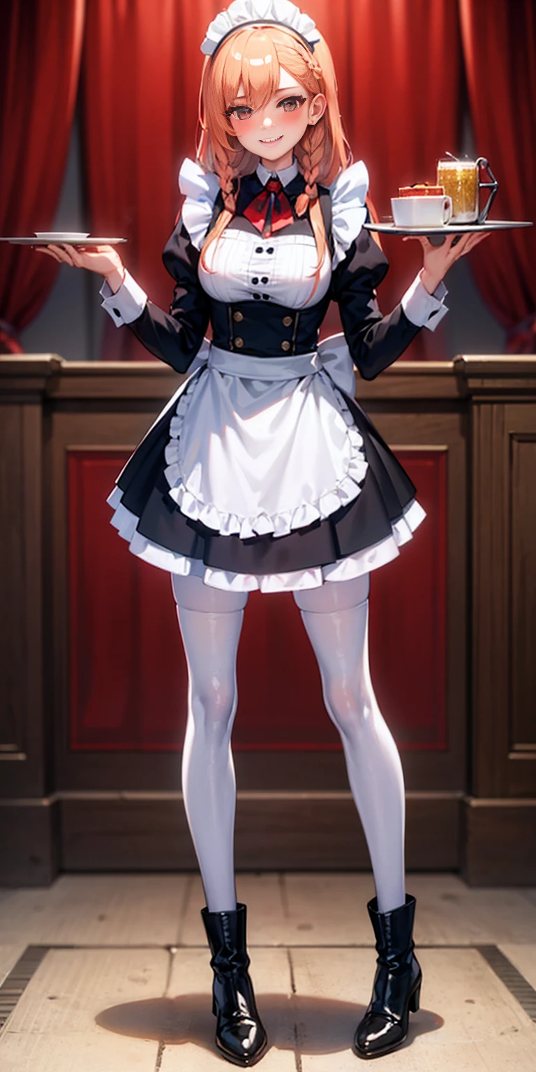 full body standing straight symmetrical, lustful smirking smile face red blush red cheeks, looking at viewer, holding tray, braid, maid headdress, maid, dress, apron, long sleeves, brown pantyhose, long leather militar boots, thighs, long white hair, masterpice