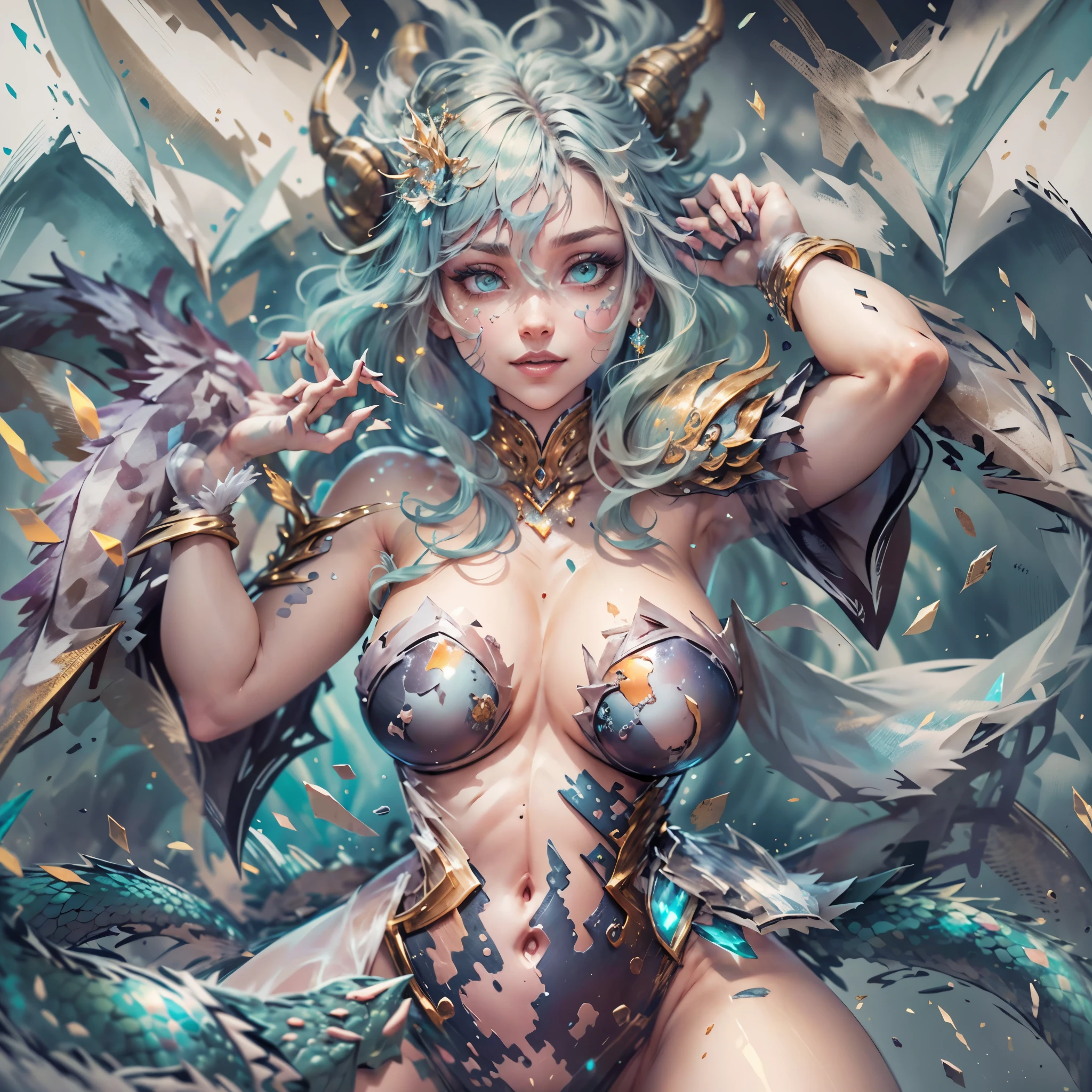(best quality,4k,8k,highres,masterpiece:1.2), ultra-detailed, realistic, naked sexy dragon woman with green and blue glittering scales, skin is glittering green and blue scales, medium length wavy green hair with blonde highlights, very playful but mischievous smile, huge tits, gigantic breasts, naked, nude, detailed crotch, detailed vulva, sexy pose, spread legs, playful, bi-coloured eyes, heterochromia, lustful