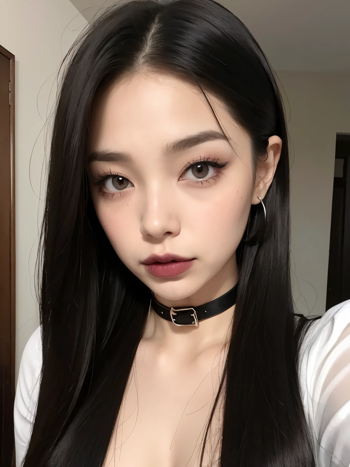Kim Jennie con el cabello negro oscuro, con rulos en las puntas del cabello negro oscuro, con un ganchito de estrella en el cabello negro oscuro, ojos de color claro, ojos bonitos, ojos llorosos, nariz bonita y respingada, labios bonitos, labios rosas, heart and cupid shaped lip, piel bonita, pale, piel blanca, con lunares y pecas en todo el rostro, rubor rosa suave en las mejilla, rubor rosa natural, dark and gothic makeup, Jennie gotica, mientras ella esta con un chico lindo a su lado, with a cute asian boy standing next to her, mientras hay un torso de hombre, mientras el hombre'His hand is on his jaw.., manos bonitas de hombre, with a gothic boy, cuellos bonito, cuello marcado, frown, mirada enojada, con un collar de beso, un collar bonito de beso, mientras sus pezones son notorios (pechos grandes, pechos suaves, pechos bonitos, pechos naturales), con un vestido blanco, vestido corto y transparente, visible on the nipple, con un chico a su lado, con su novio, mirando a la camara, autofoto