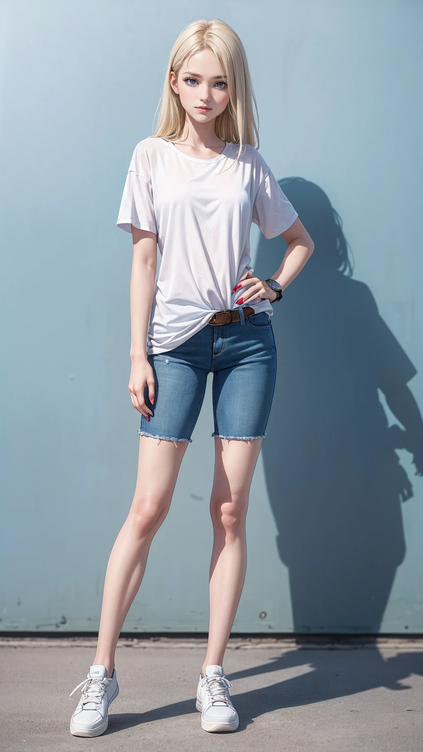((最high quality, 8K, masterpiece: 1.3, Ultra HD, high quality, 最high quality, High resolution, realism)) 、25 year old white woman、platinum blonde、blue eyes、long hair、hair above one eye、smile、slender、A soft and plump feminine body、I don&#39;t want my head to disappear from the screen.、Accessorize your wrist、Wearing red nail polish、I have a peticure、Wear a T-shirt、wear an oversized blouson、Roll up the sleeves of your blouson、wear skinny jeans、wear sneakers、put both hands on hips、wear a watch、spread your legs shoulder-width apart、smile、Pastel blue background、