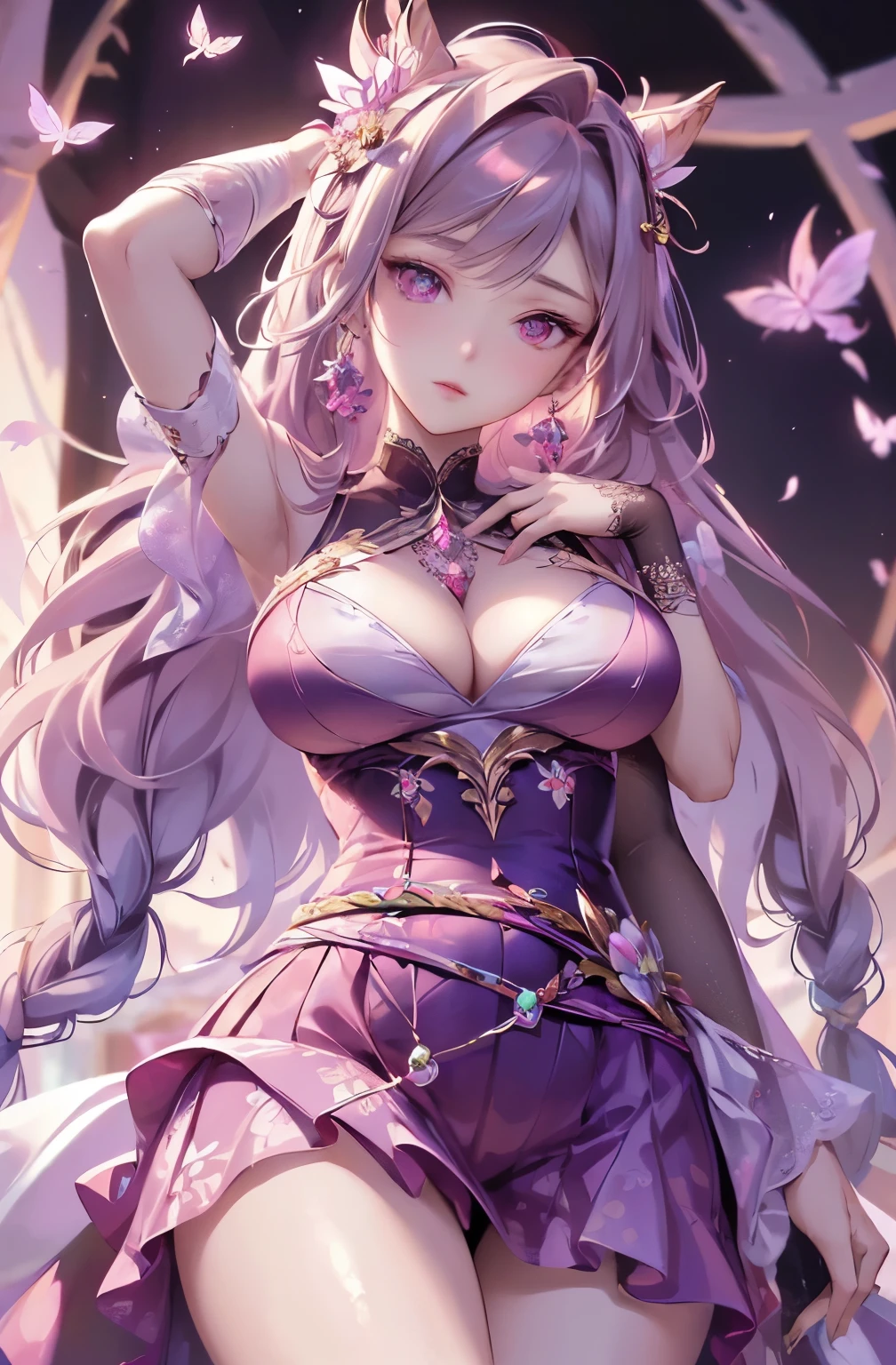 (best quality,4k,8k,highres,masterpiece:1.2),ultra-detailed,(realistic,photorealistic,photo-realistic:1.37), yukata, , cute, purple panties, right hand inside the panties, left hand on the bed, adorable gaze, slightly flushed face, beautifully detailed face, large eyes, detailed drawing, romantic atmosphere, traditional Japanese room, soft lighting, vibrant colors, cherry blossom background, delicate patterns, intricate floral designs, graceful posture, elegant folding fans, calm and serene expression, silky smooth hair, intricate obi belt, subtle makeup, dainty accessories, peony and butterfly motifs.