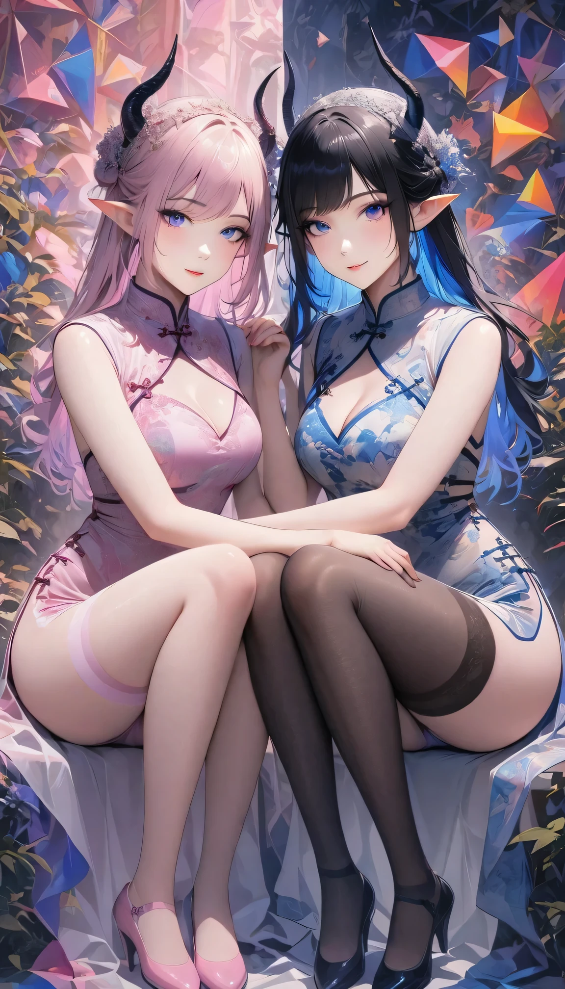 Seamless geometry,The art of splicing,Geometric puzzle style,2 sexy girls, elf ears,shining eyes, , happiness,Lovely smile, Colored inner hair,gradient hair,Smooth lines, clean silhouette, (Full body and long legs:1.1), head to shoes,Blue geometric pattern cheongsam,Colorful geometric shapes around,bright colors,eye-catching composition,abstract pattern,Geometric symmetry,Sexual innuendo,blank background,Black fishnet stockings,devil horns,pink underwear,artistic interpretation,expressive brushstrokes,Translucent layer,Contrasting tones,Warm and cold light exposure,Ethereal and magical atmosphere,seductive and charming scene