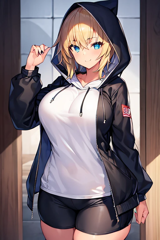 1girl, hood, jacket, hooded jacket, hood on, hood up, blonde hair, large breasts, thick thighs, wide hips, hourglass figure, breasts, shirt, white shirt, very short hair, pants, black pants, smile, toned, toned female, mature female, tall, tall female