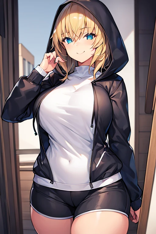 1girl, hood, jacket, hooded jacket, hood on, hood up, blonde hair, large breasts, thick thighs, wide hips, hourglass figure, breasts, shirt, white shirt, very short hair, pants, black pants, smile, toned, toned female, mature female, tall, tall female, tomboy