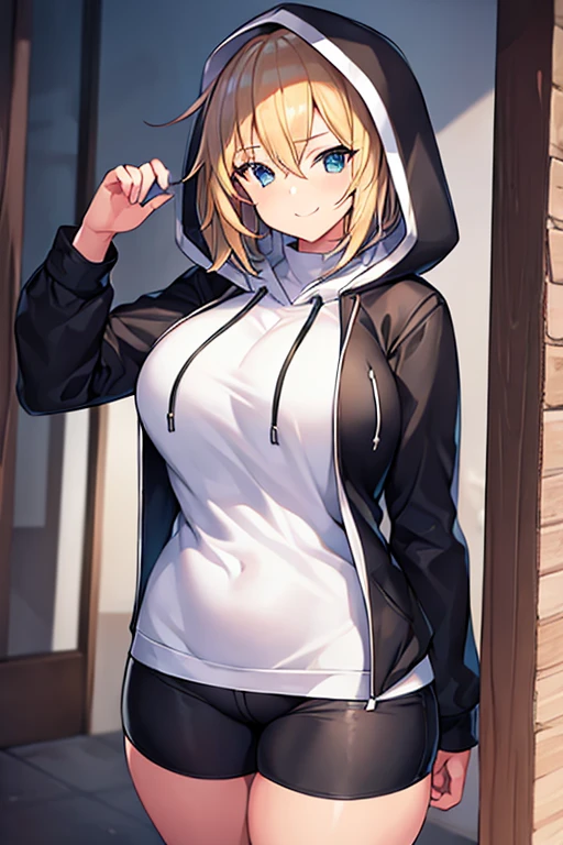 1girl, hood, jacket, hooded jacket, hood on, hood up, blonde hair, large breasts, thick thighs, wide hips, hourglass figure, breasts, shirt, white shirt, very short hair, pants, black pants, smile, toned, toned female, mature female, tall, tall female, tomboy