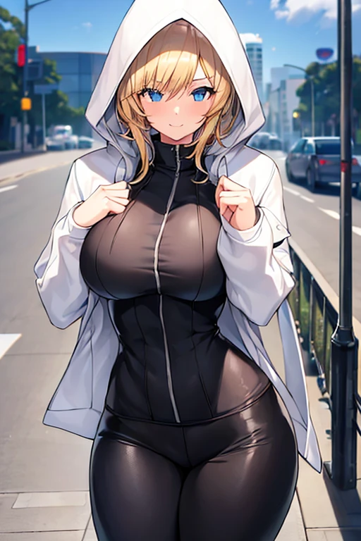 1girl, hood, jacket, hooded jacket, hood on, hood up, blonde hair, large breasts, breasts, thick thighs, hourglass figure, white jacket, black shirt, very short hair, pants, black pants, smile, toned, toned female, urban, mature female, tall, tall female