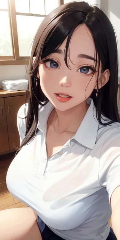 realisticlying、Two 45-year-old girls、Wearing a white polo shirt，Face enhancement，Chest super large zoom，Cleavage emphasis，Looking up from the bottom，Blackening of hair，Blue eyes，darkens the skin，African、Blushing，Red lips，A sexy，Bed sit，stick out your tongue and open your mouth wide、Banzai、Wearing underwear，Wrinkles between the eyebrows，Sweaty face，tongue-out，Wearing erotic pants