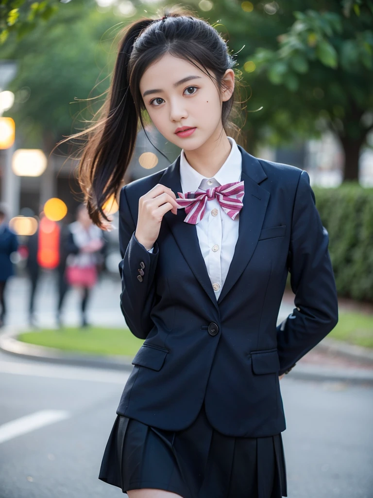 (masterpiece, highest quality:1.4), award-winning portraits, 8K, 85mm, alone, beautiful face, delicate girl, , (dark navy blazer jacket, turn your arms behind your back, close your face:1.2), dark navy skirt, long sleeve, violaces, gardenia, grace, Sophisticated, cute, teen, looking at the viewer, 15 years old, Raw photo, disorganized, HDR, sharp focus, A bow tie, background bokeh、(((flat 、thin and delicate body、A childish atmosphere)))、shiny semi-long hair、ponytail、Mole on the left cheek、large, round, dark blue eyes、(knee shot)、the skirt is swaying in the wind、((Uplifting、come running to me、hair waving in the wind))、