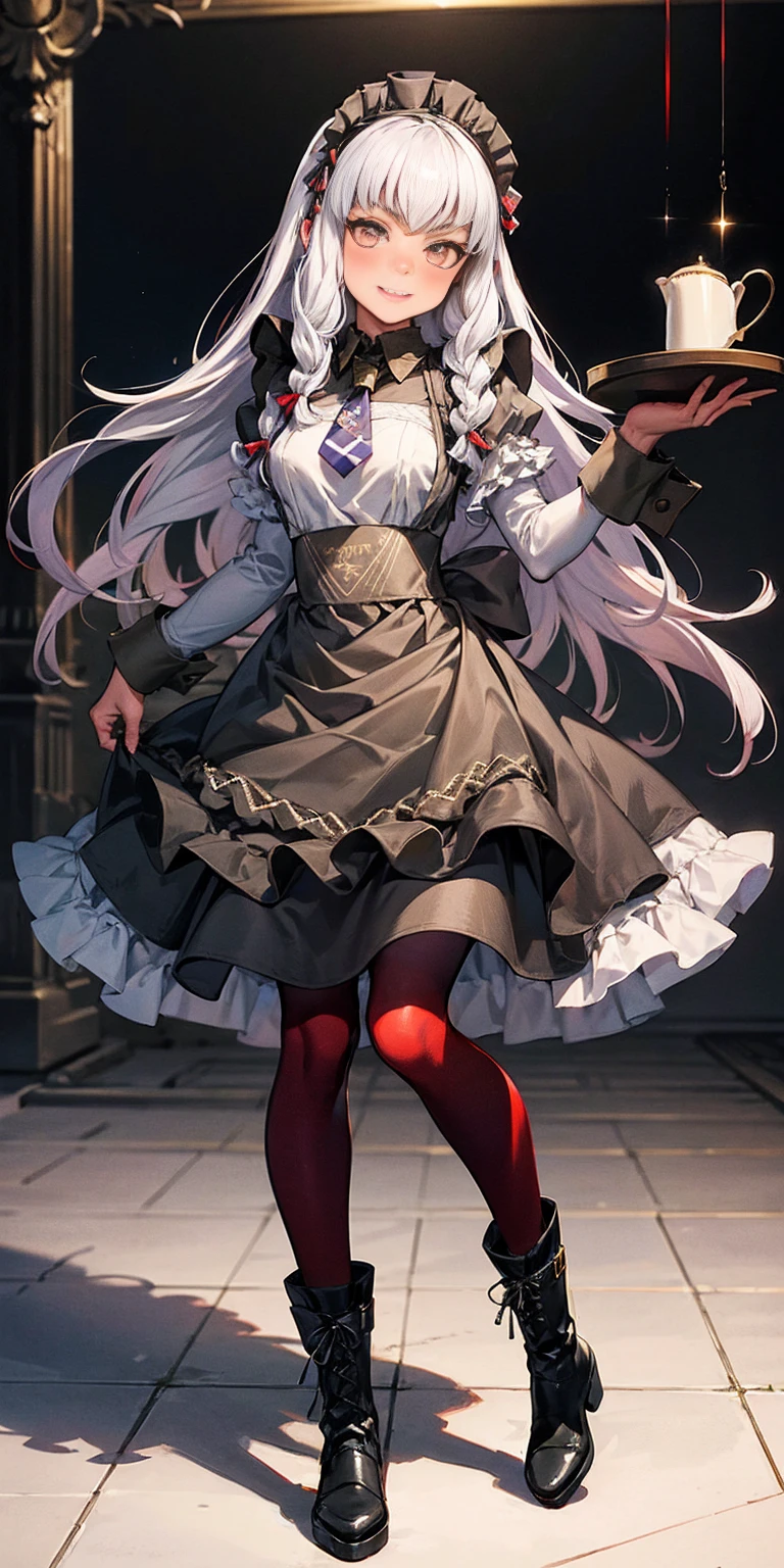full body standing straight symmetrical, lustful smirking smile face red blush red cheeks, looking at viewer, holding tray, braid, maid headdress, maid, dress, apron, long sleeves, brown pantyhose, long leather militar boots, thighs, long white hair, masterpice