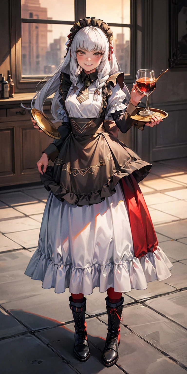 full body standing straight symmetrical, lustful smirking smile face red blush red cheeks, looking at viewer, holding tray, braid, maid headdress, maid, dress, apron, long sleeves, brown pantyhose, long leather militar boots, thighs, long white hair, masterpice