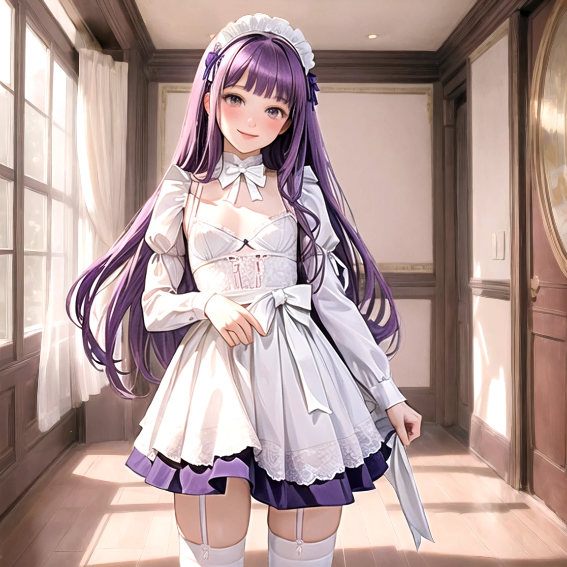 (masterpiece, best quality,absurdres, high details, perfect), 1girl, Purple hair color, long straight hair, blunt bangs,narrow waist, grey eyes, petals, pale skin, mansion, indoors, maid, maid headdress, cowboy shot, blush, light smile, head tilt, bowing,((Best quality)), ((masterpiece)), (detailed), (perfect face), (high resolution), (flawless face), ((small breasts)), sexy lingerie,((white knee-high)), full body,M shaped spread legs,front view,lifting skirt.