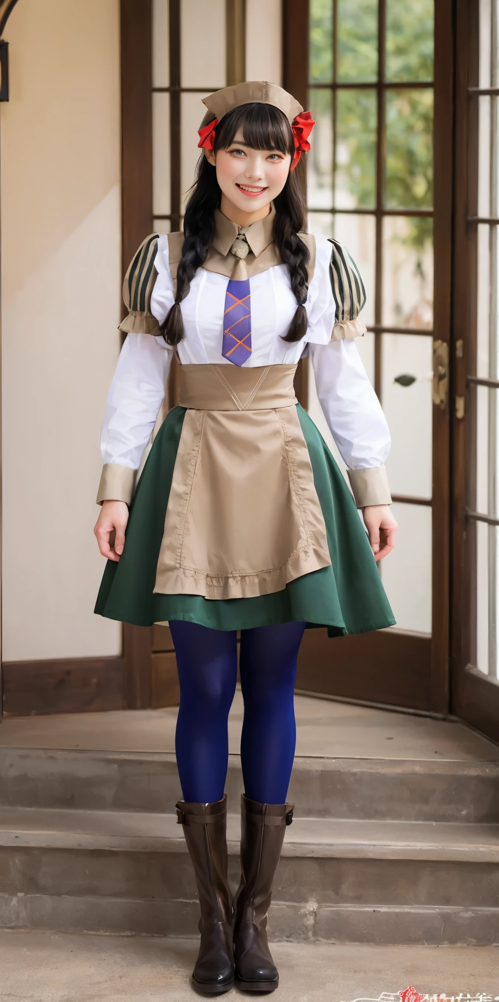 full body standing straight symmetrical, lustful smirking smile face red blush red cheeks, looking at viewer, holding tray, braid, maid headdress, maid, dress, apron, long sleeves, brown pantyhose, long leather militar boots, thighs, long white hair, masterpice