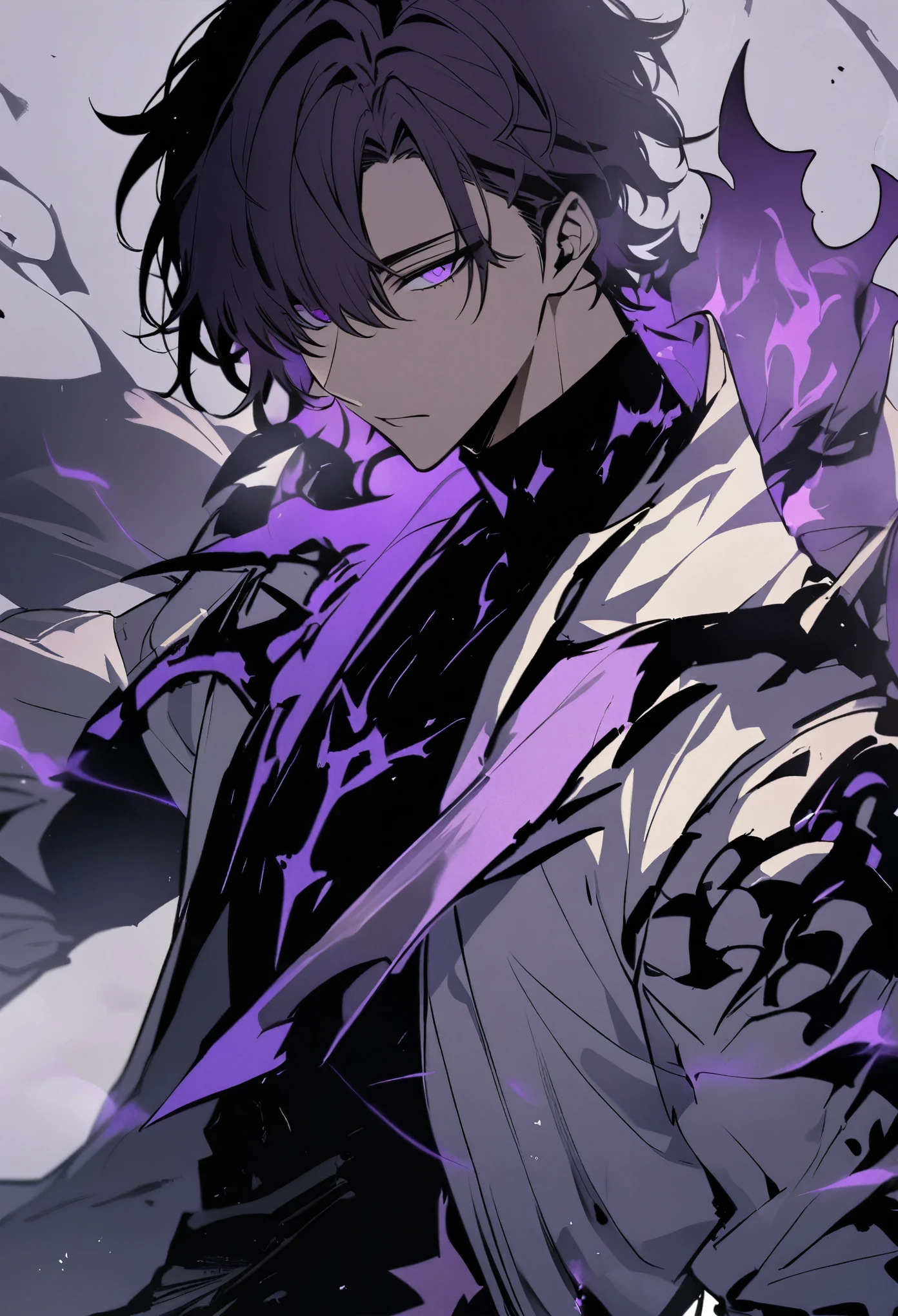 Handsome, solo, male, short hair, hair covers left eye, dark lavender hair, purple eyes, black shirt, black pant, black and white coat, purple flame