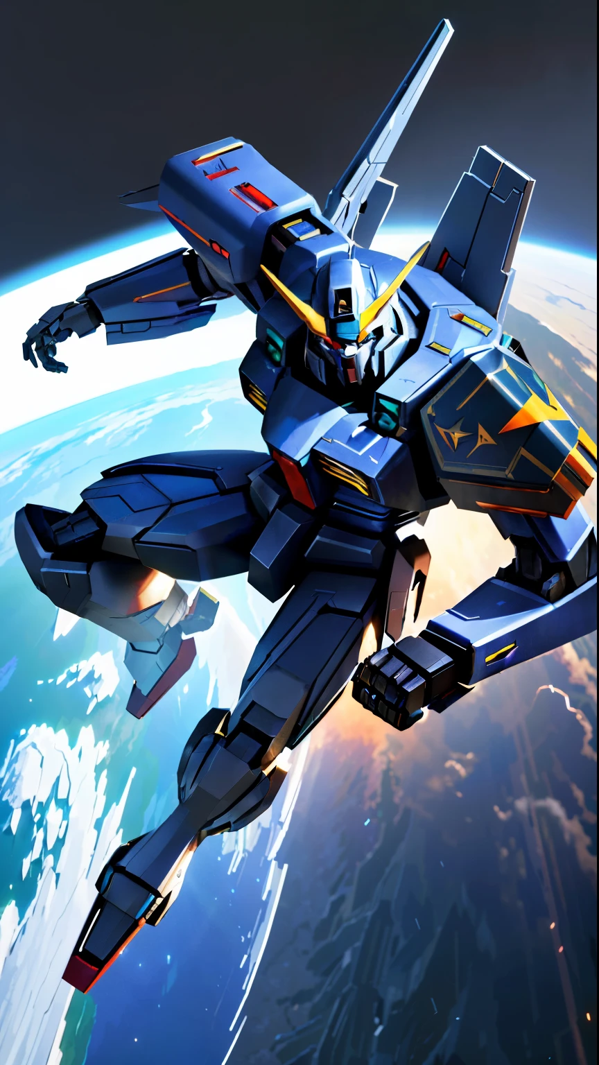 ((masterpiece)), (solo:1.4), a (((mecha))) with sleek and menacing design, glowing eyes, full body, highly detailed, high detailed background, battle, planet, hovering, a huge shield, shoulder armor, mechanical backpak ,science fiction, fighter plane flying over the earth in space with the moon in the background, concept art, space art,