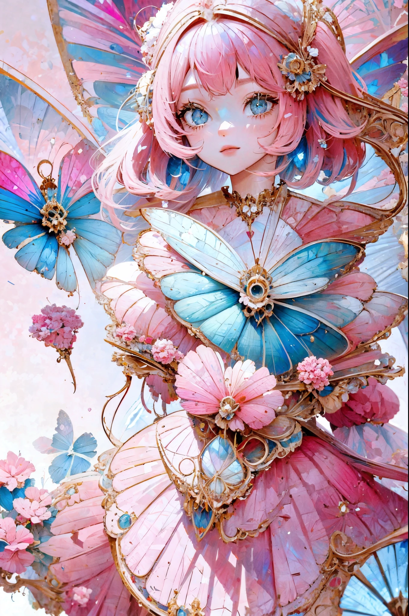 pink haired one，big  eyes girl，Blue butterfly hairpin，Butterfly magic