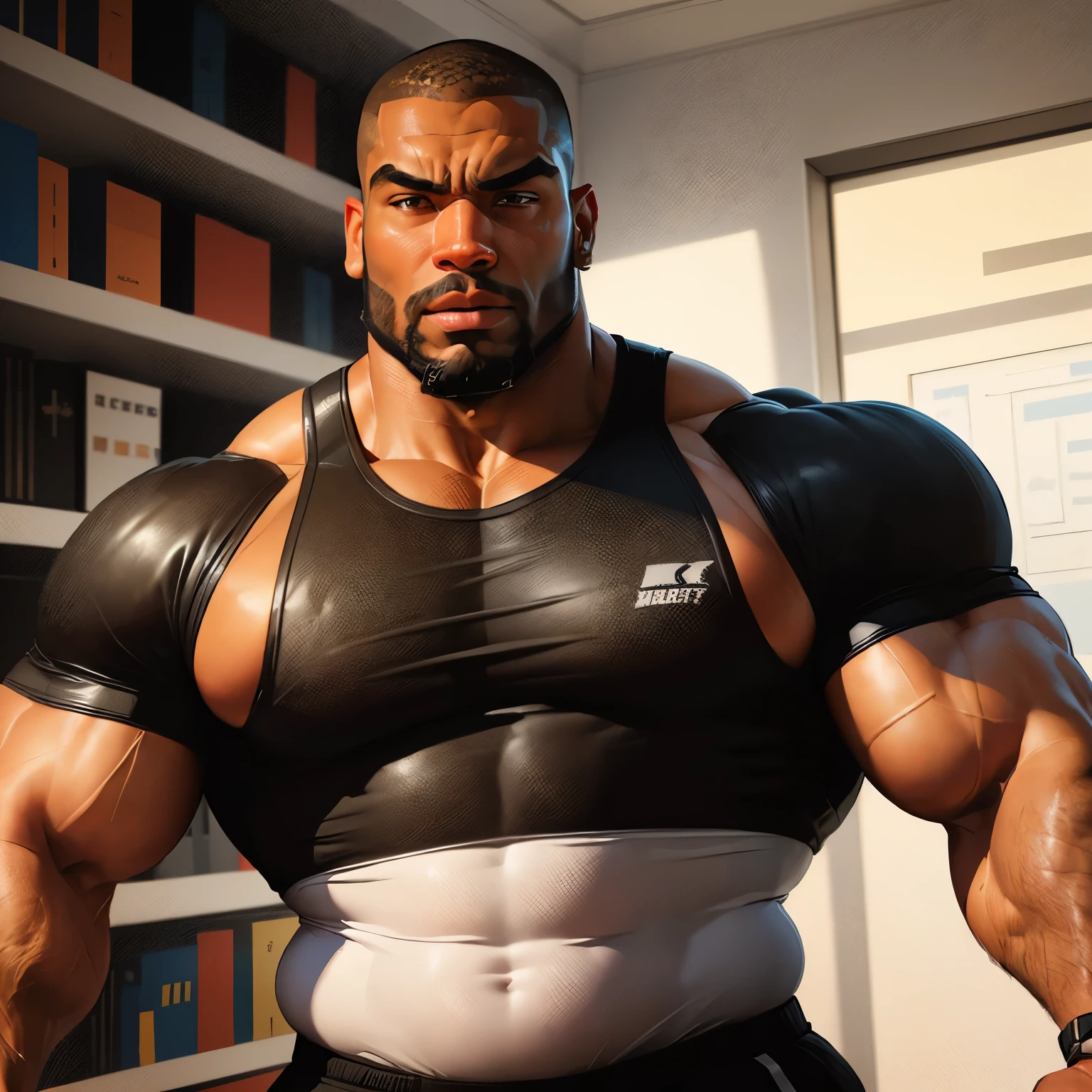 an exaggeratedly muscular and large bodyguard, beefy build, beard, dark-skinned african american male, surprised expression, buzzcut hair with square line, (wearing black workout clothes 1.2), (bara pecs: 1.3), (arm and chest hair: 1.1), close-up portrait HD, (library shelves)