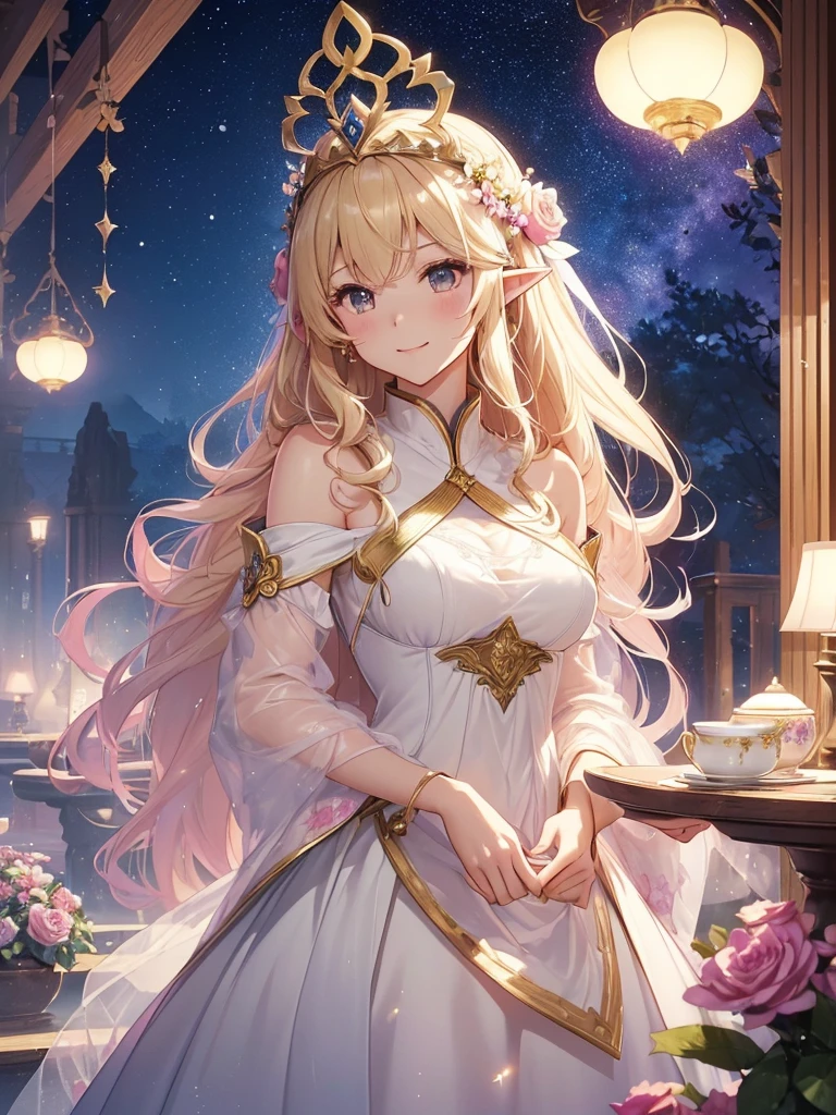 highest quality、Highest image quality、masterpiece、beautiful profile、、Titania、Super beautiful elf beauty((22 years old OL big bust、bust 90,beautiful long ironed hair、blonde、Height: 165cm。slender、sexy、Esbian、beautiful tiara、night、High quality、美しいart、美しいflower瓶、tea、byzantineart、beautiful decorated book、canopy、Canopy、background((starry ski)))muste piece、ビジュアルart、Depth of the bounds written、、elf ears、、Lightのmagic、universe、A happy smile、穏やかなLight、Elven Forest、cherry blossoms、、elegant、ticker beautiful decorative、marble columnystical rosa、Rose、flower瓶magicのflower、flowerを作るmagic、Light、 the sky、beautiful dressy、beautiful dress、table、giant galaxy、myth、ART、Lord of the Ring、sexy、friendly smile、Fantastic、cherry blossoms、舞い散るflowerびら、cherry blossomsのflower、universeのmagic、magicのLight、fantasy、flower、super REALITYたくさんのRose、magic、universeを飛ぶ、、Grow fantasy、、mysteryのLight、byzantine、Art nouveau、alphonse Mucha、、art、art,mystery,UHD,magicalgentle light,sexy、
