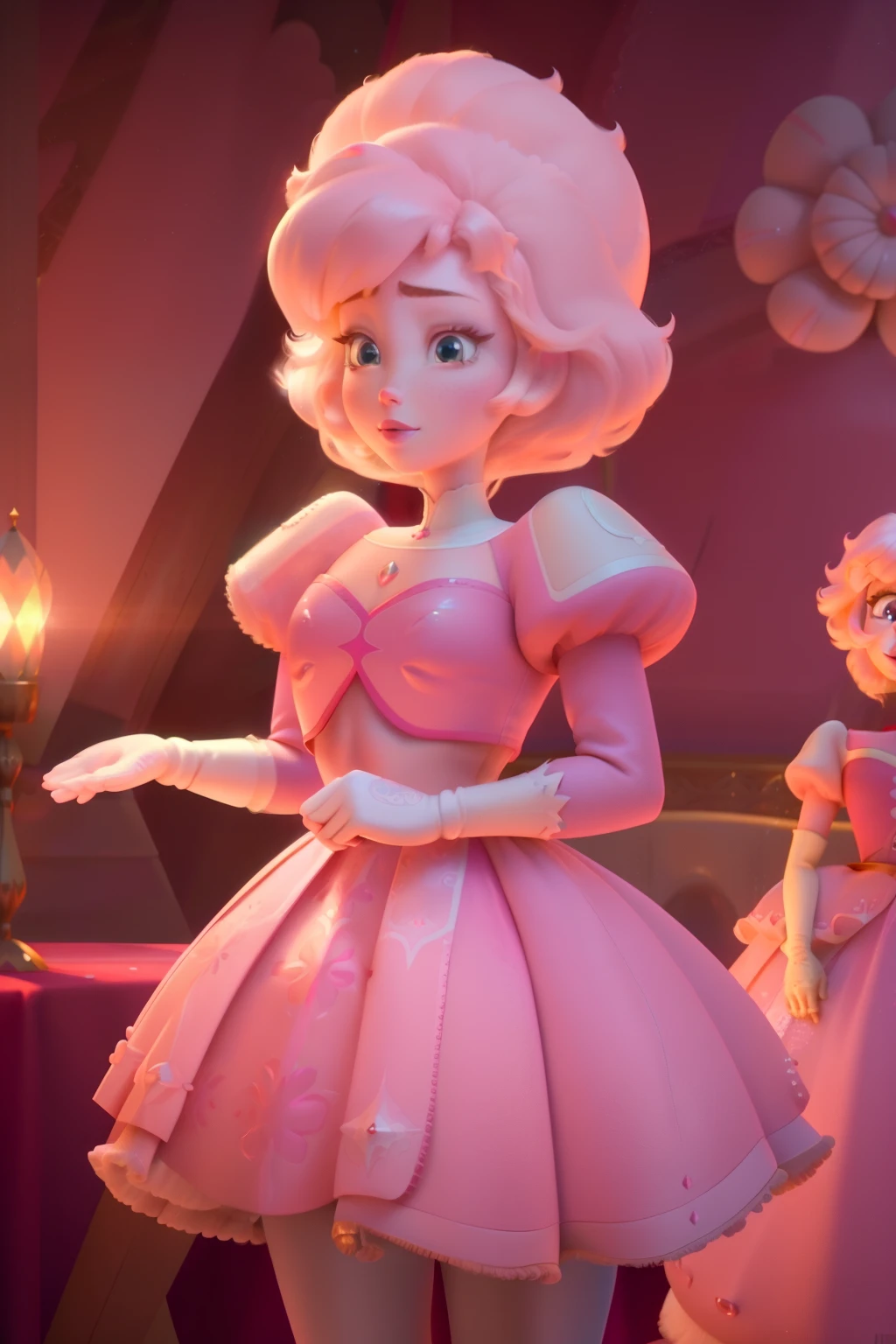 pnkdamond, pink hair, pink eyes,  big hair,  stomach gem,  pink skin,  toned, 
puffy short sleeves, elbow gloves ,  white thighhighs,   puffy dress, 
standing, upper body, 
 outerspace,  
(insanely detailed, beautiful detailed face,beautiful detailed eyes, masterpiece, best quality) cinematic lighting,  smile, 
 