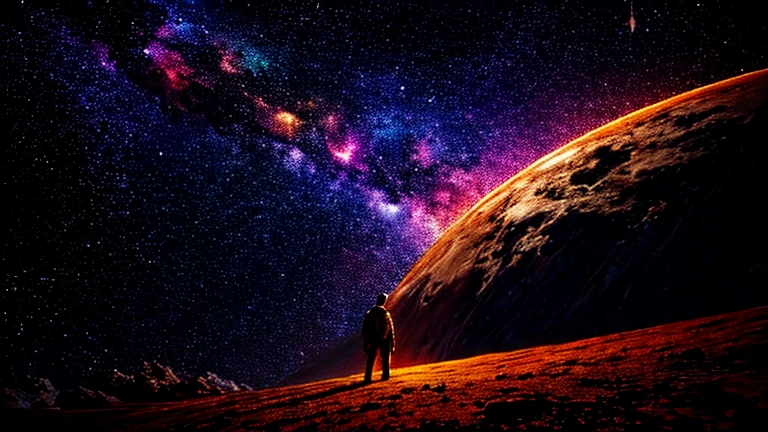 Man standing on the beach looking at the planets in the sky, planet behind, floating near the planet, 4K HD illustration wallpaper, 8k hd wallpaper digital art, fantasy space, space color, planets and stars, Another planet, Space Scene, space art, beautiful space, space sky, space art concept, digital artwork 4k, 4K high-definition digital art