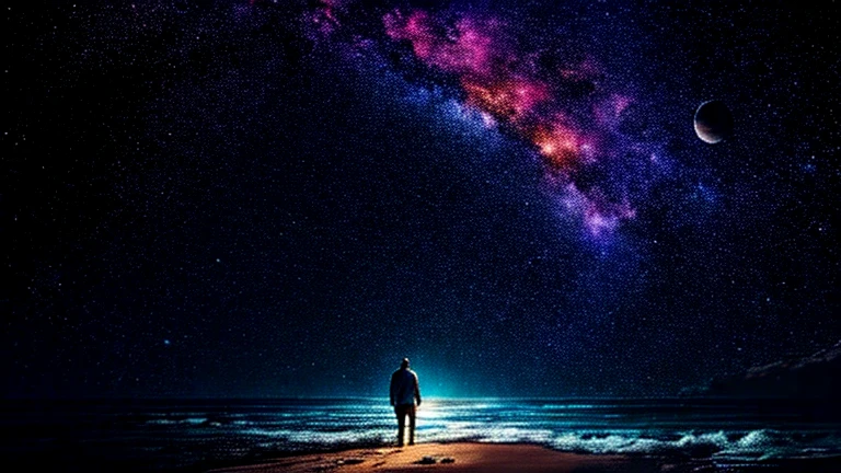 Man standing on the beach looking at the planets in the sky, planet behind, floating near the planet, 4K HD illustration wallpaper, 8k hd wallpaper digital art, fantasy space, space color, planets and stars, Another planet, Space Scene, space art, beautiful space, space sky, space art concept, digital artwork 4k, 4K high-definition digital art