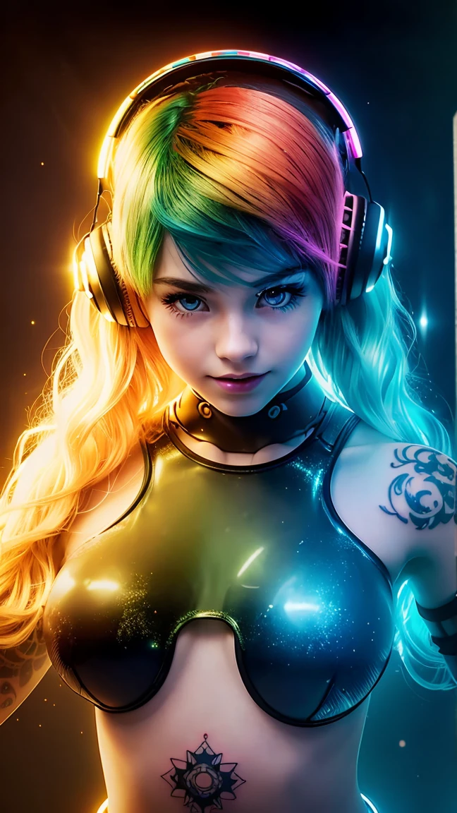 Beautiful android teen, AI teen, solo, adorable cute , mesmerising, expressive face, vr girl, ((green blue golden gradient detailed hair)), cyberpunk futuristic style, ((bright glassy brown eyes)), smoky eyes, pearly illuminated realistic skin, curvy body, medium cleavage, wet glossy reddish full lips, close up, medium shot, half body shot, HDR, Ultra High Definition, highest quality, absurdres, masterpiece, digital world, (black background), glittery, glowing light particles, focus on face, cybernetic head accessories, wireless futuristic head set, microphone, high detail texture, contrast, wavy vibrant green blue orange colours hair, glowing, bare chest, bare shoulder, deep cleavage, light particle dust, colorful glowing orbs, rimlights, back retro-illuminated, alluring laugh, modern digital metal chocker, full boob, center frame, ((digital identity barcode tattooed on left boob)), juvenile, youthful, young, adorable, cutie, ((10yo)), enchanting laugh, ((totally naked))