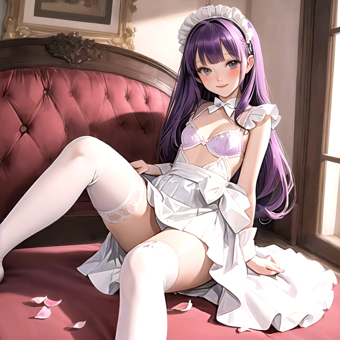 (masterpiece, best quality,absurdres, high details, perfect), 1girl, Purple hair color, long straight hair, blunt bangs,narrow waist, grey eyes, petals, pale skin, mansion, indoors, maid, maid headdress, cowboy shot, blush, light smile, head tilt, bowing,((Best quality)), ((masterpiece)), (detailed), (perfect face), (high resolution), (flawless face), ((small breasts)), sexy lingerie,((white knee-high)), full body,M shaped spread legs,front view,lifting skirt.