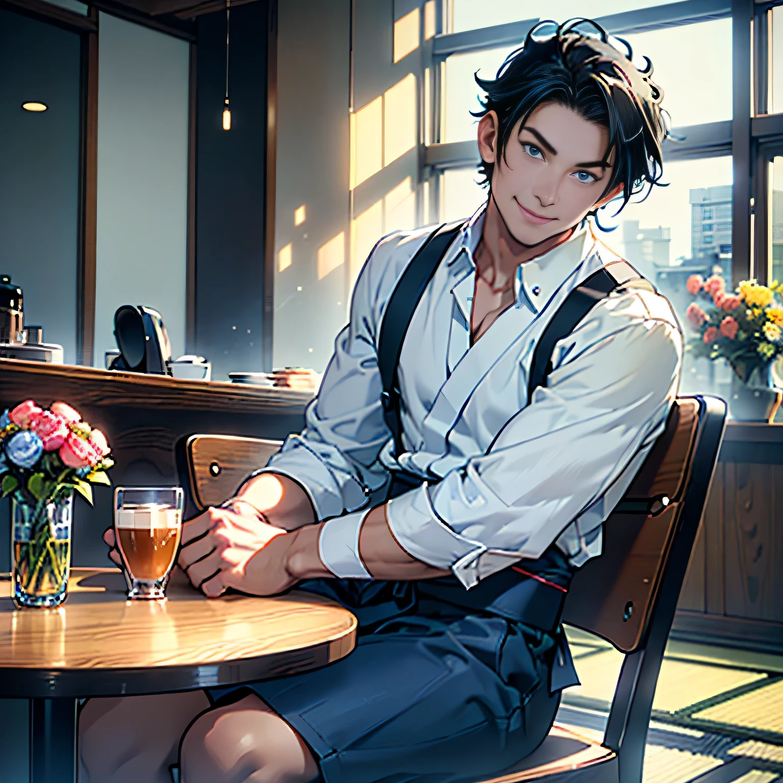 ((1man,japanese,30s,cool guy,short black hair,blue eyes)),solo,(white shirt,dark blue shorts),(sitting in the cafe chair),windy,cinematic lighting, innocent smile,(looking at the viewer),beautiful modern maid cafe,big city,table,chair,window,flowers,