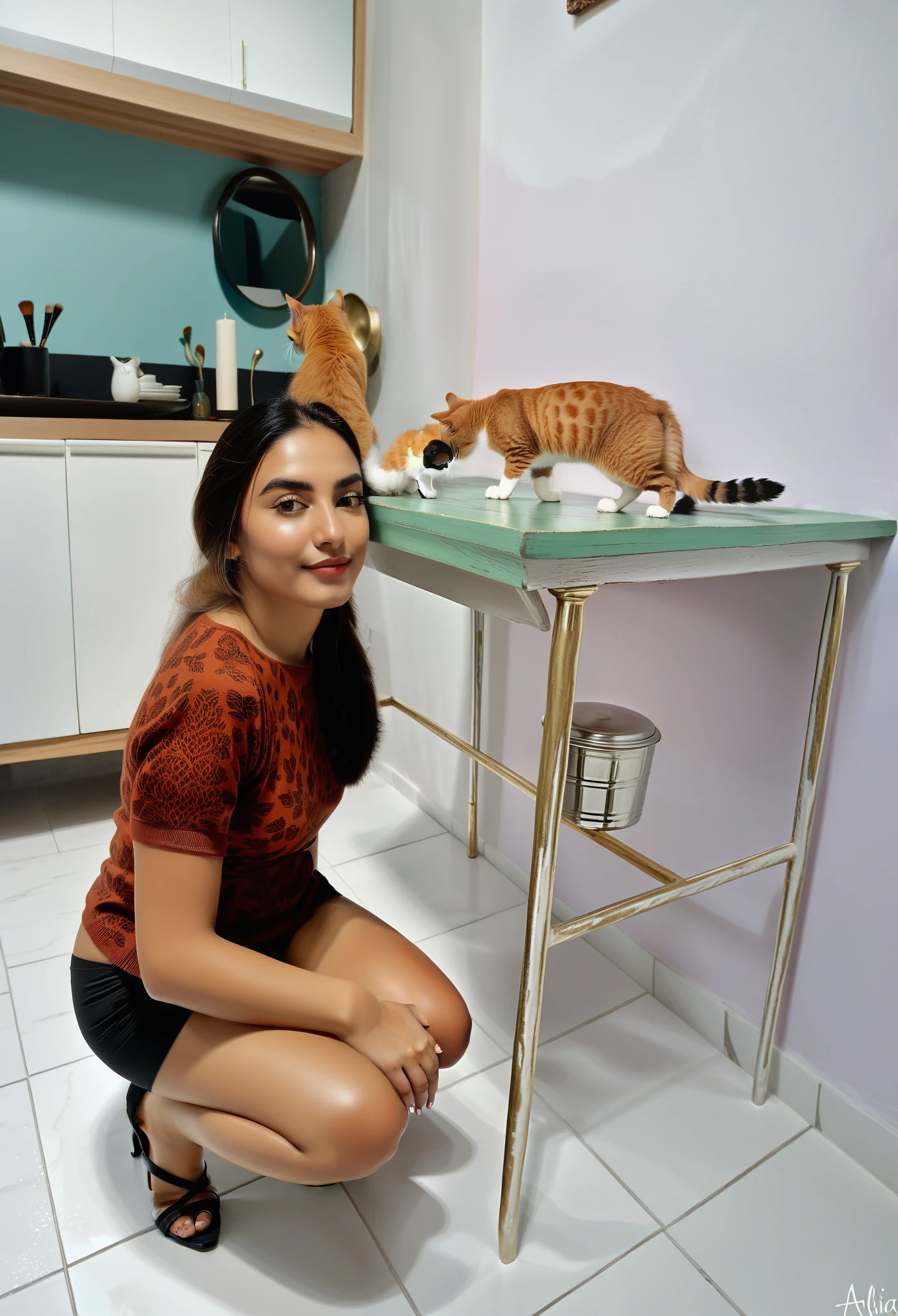 woman kneeling down acariciando um gato on a table in a room, powder Nándor Katona, com gatinho no colo, by Amélia Peláez, por Samuel Silva, acariciando um gato, segurando um gato, by Judith Gutierrez, by Gina Pellon, by Verónica Ruiz de Velasco, segurando um coelho
