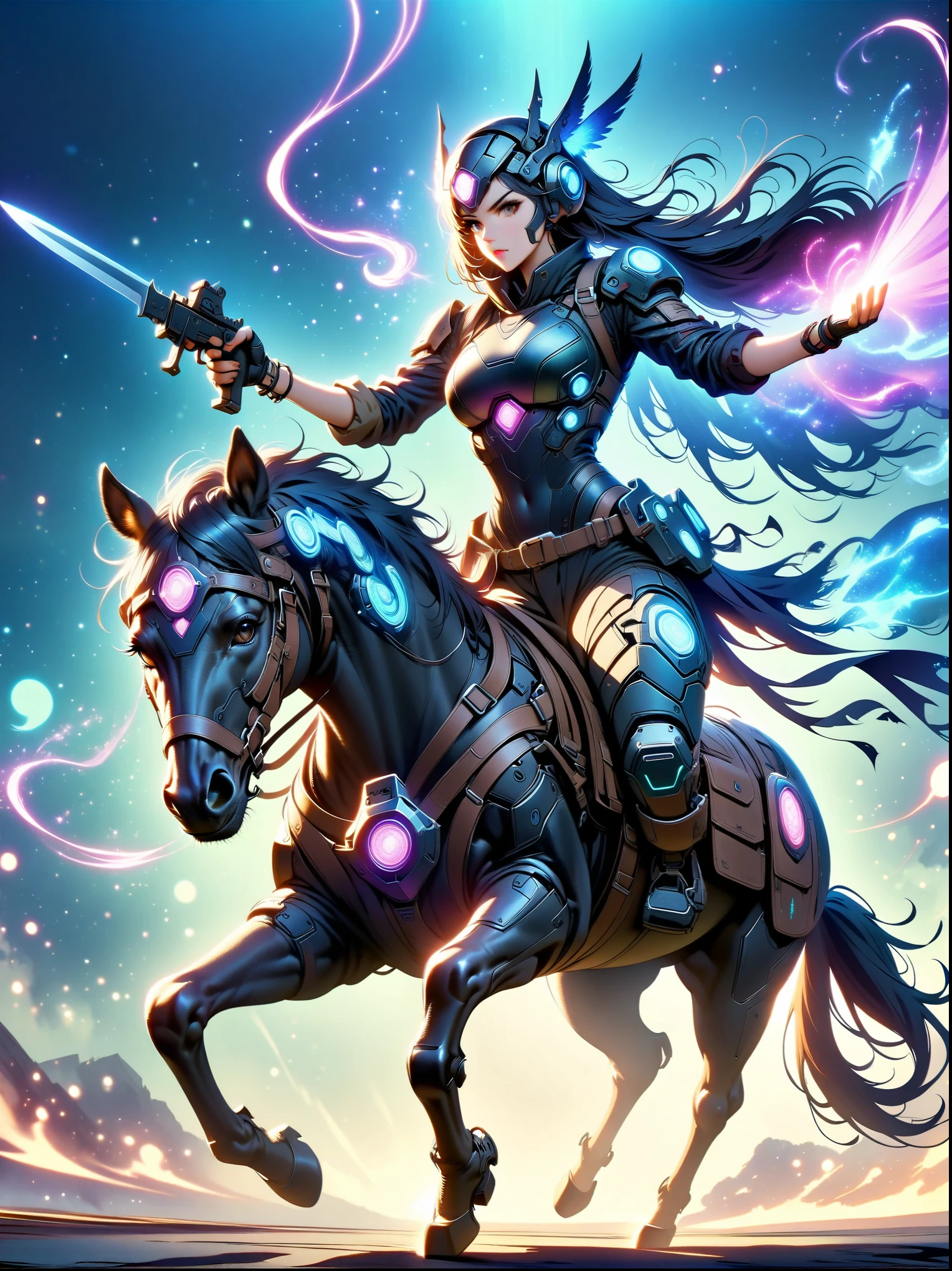 ((imagine)),((whole body)),Beautiful cyberpunk woman wearing dark blue Warring States armor, Riding a ghost horse, Mechanical arm holds a long knife, blue background, cyberpunk style, like style, anime aesthetics, (anatomically correct)