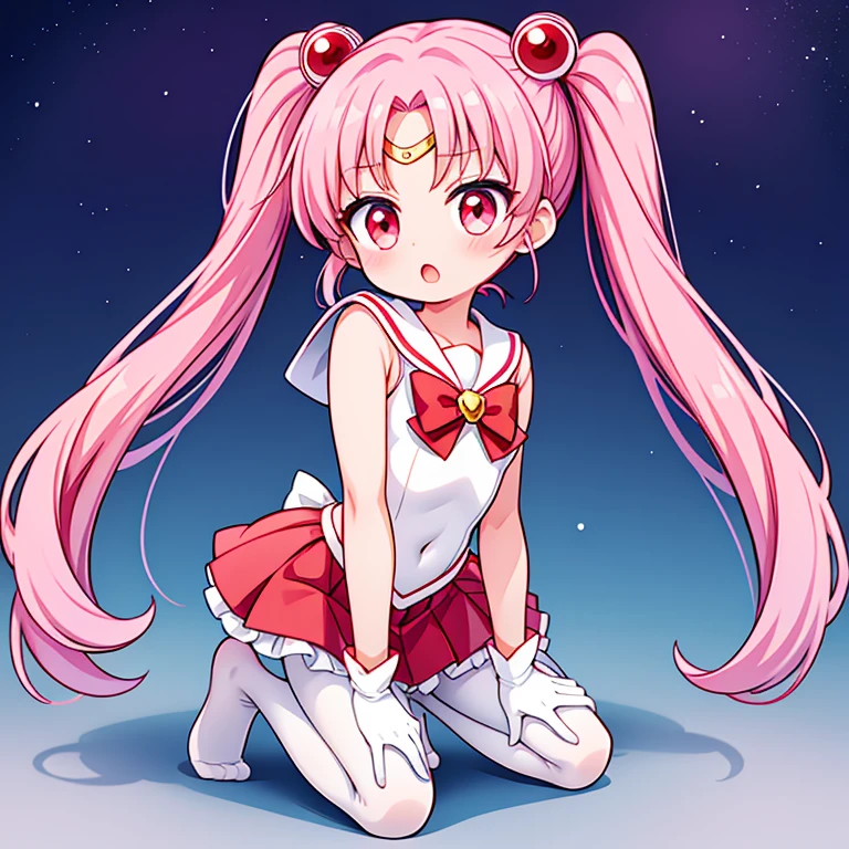 sailor moon,Cute little loli,Pink hair twintails,red eyes,White gloves,red skirt,no shoes,white pantyhose,Open your mouth,Kneel down