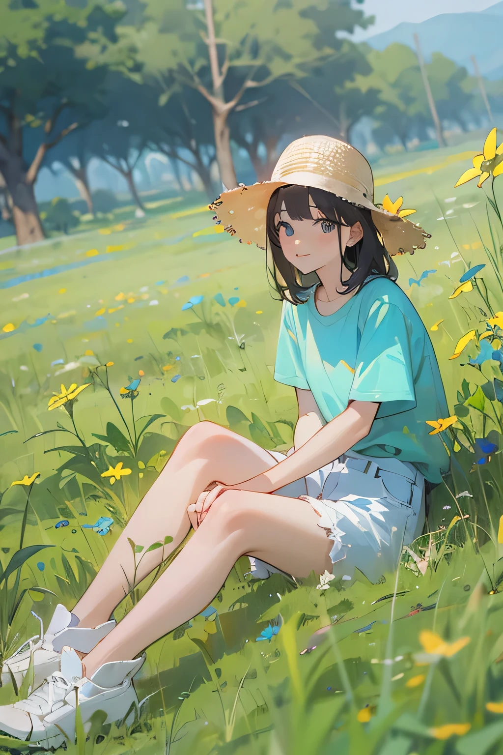 Spring steppe、Lunchtime with pleasant sunshine、25 year old female、lunch break on the grass、Pale light blue T-shirt、shorts、cute hat、looking at the camera